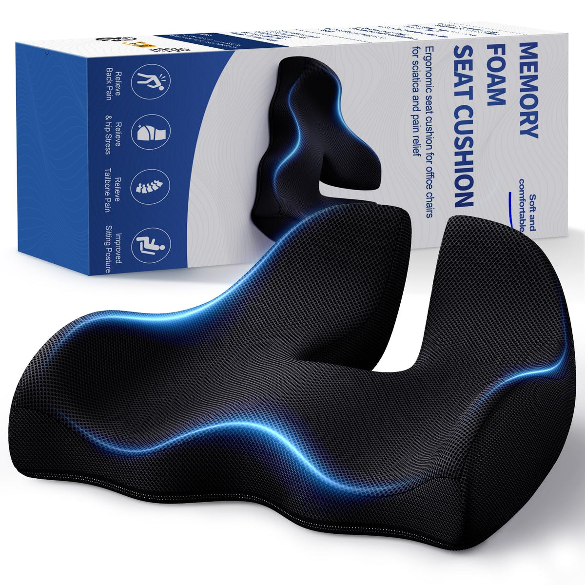 Benazcap X Large Memory Seat Cushion for Office Chair Ergonomic Cushions Pad Pillow for Pressure Relief Sciatica & Pain Relief Memory Foam for Long