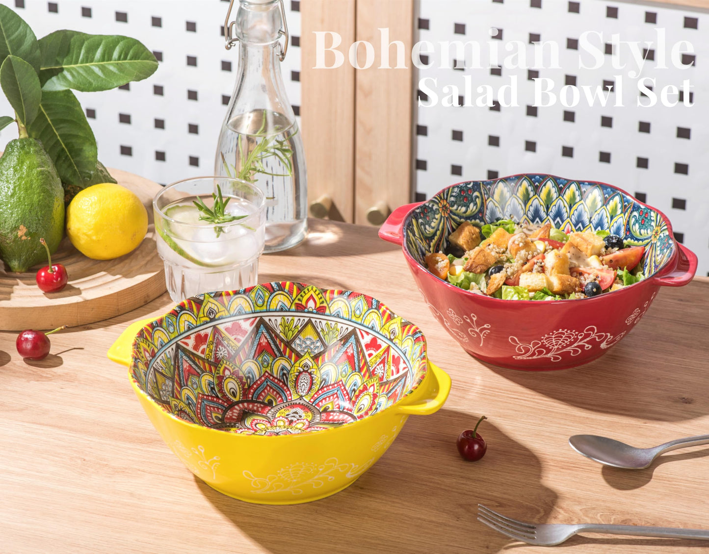 Salad Bowl with Handle, Large Porcelain Serving Bowls Set of 2-49 Oz, 1450ml Bohemian Ceramic Bowl for Ramen/Soup/Fruit/Salad, Colourful Bowl Set -
