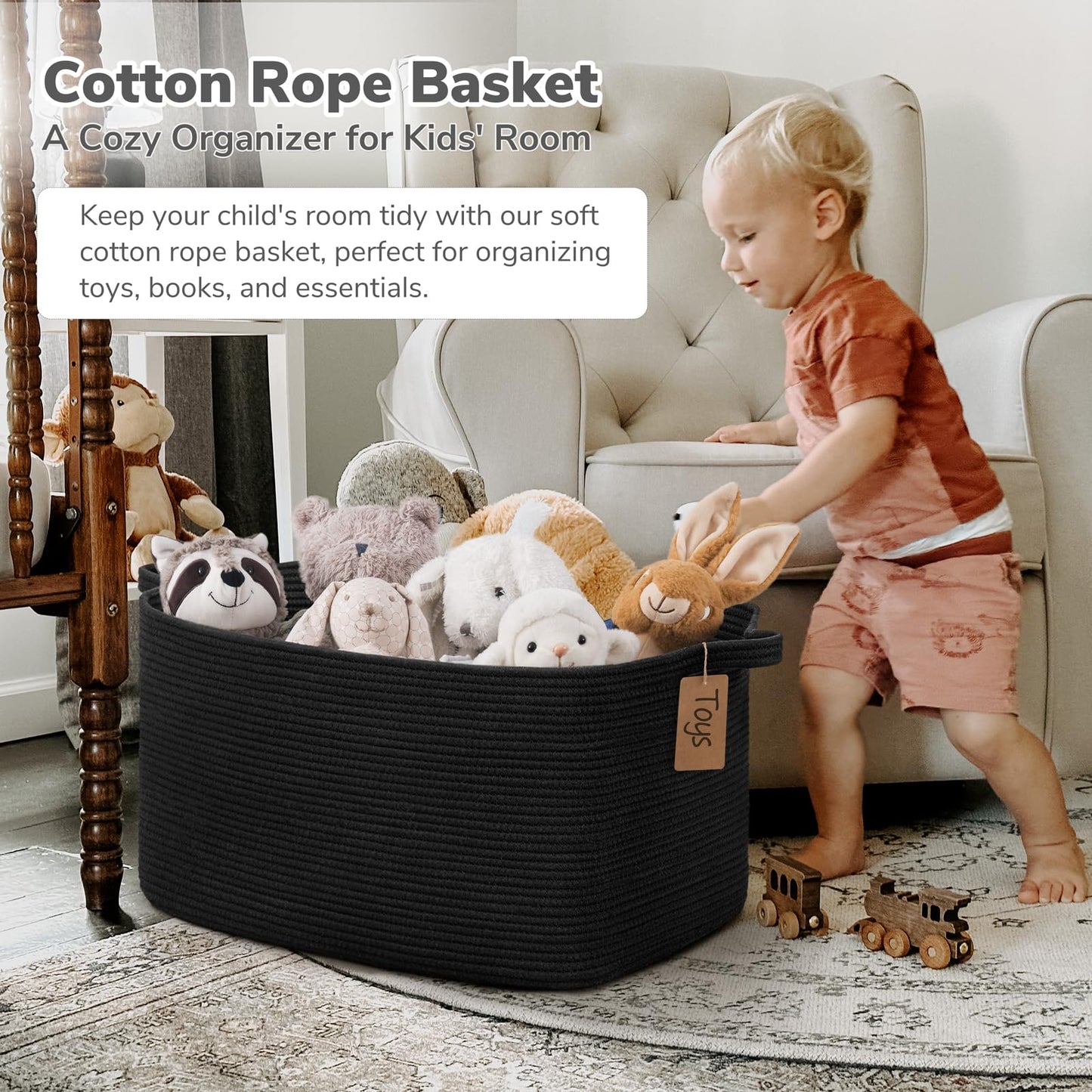 TIMEYARD 75L Large Woven Storage Basket Blanket Toy Storage Basket Black