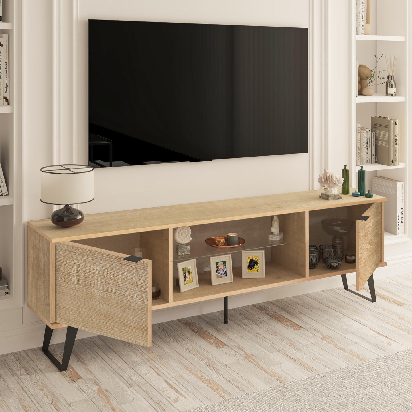 Uniqtrio TV Stand Cabinet | Walnut TV Unit with Glass Shelf | TV Cabinet | TV Stand Unit | TV Units for Living Room | TV Table |Soft Closing Hinges