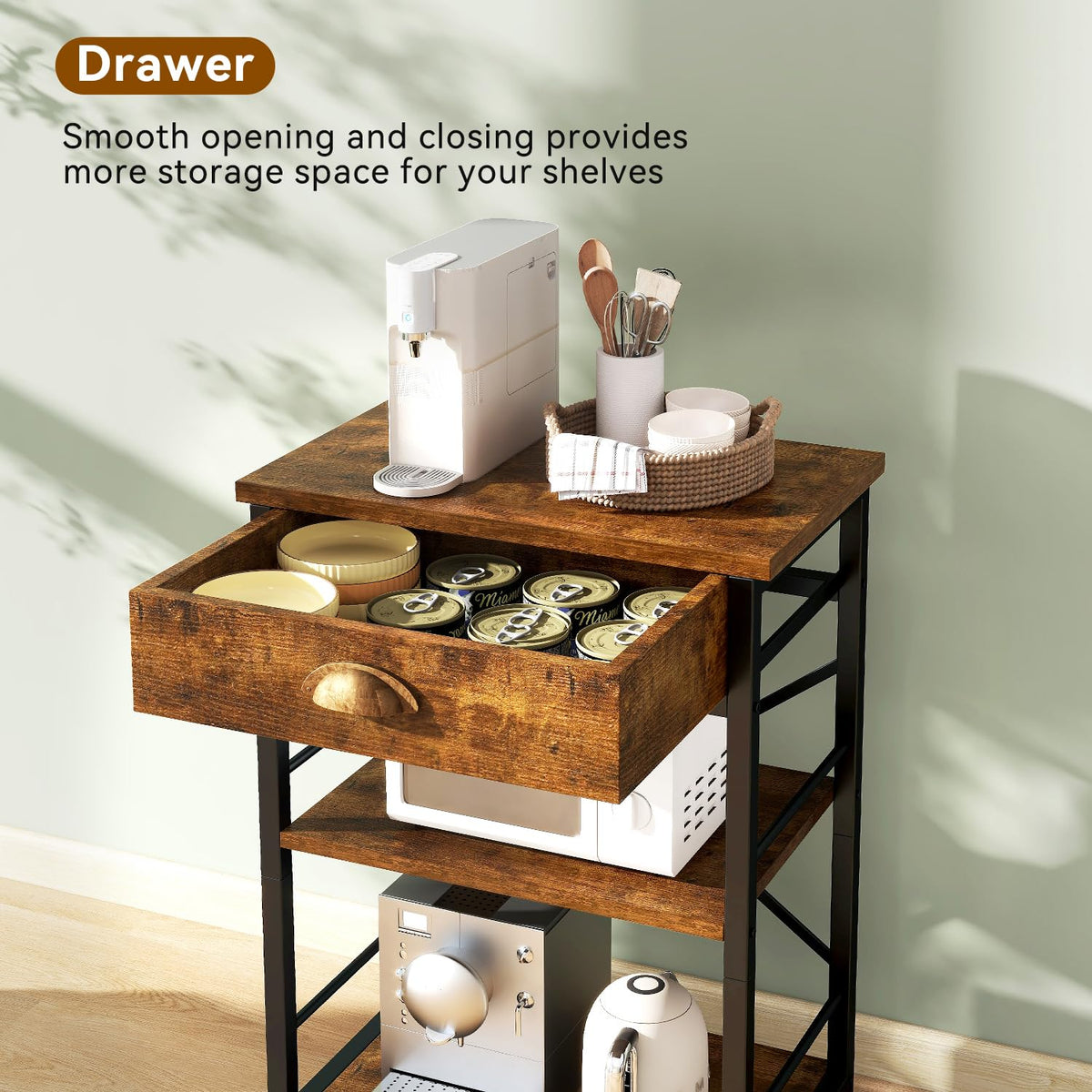 IBUYKE Kitchen Bakers Rack with Drawers,3-Tier Microwave Oven Stand with Storage, Coffee Bar Table with Wheels,Adjustable Shelf,Simple