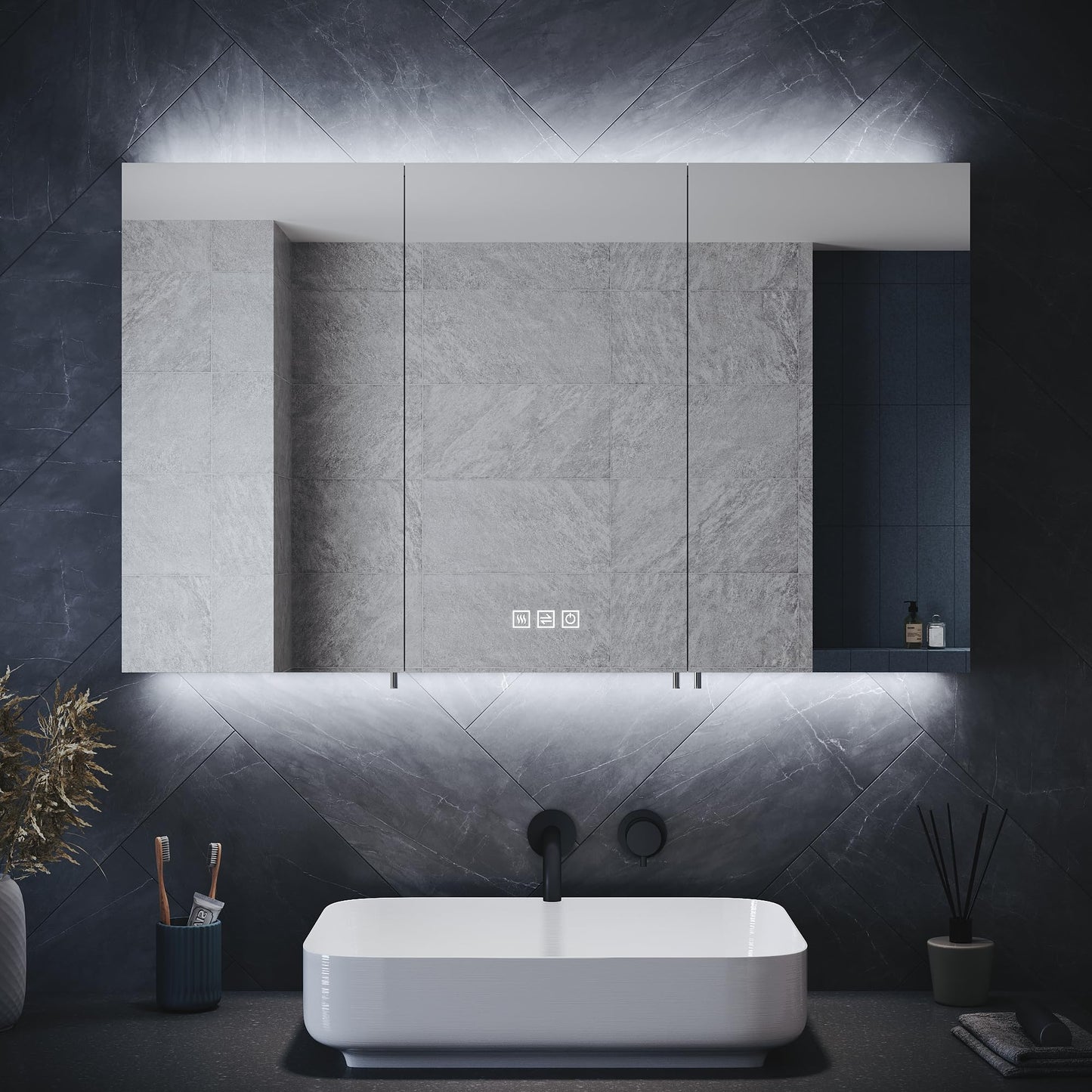 ELEGANT Led Mirror Cabinet with Shaver Socket Triple Door Led Illuminated Bathroom Mirror Cabinet Wall Mounted with Demister Pad and Three-color