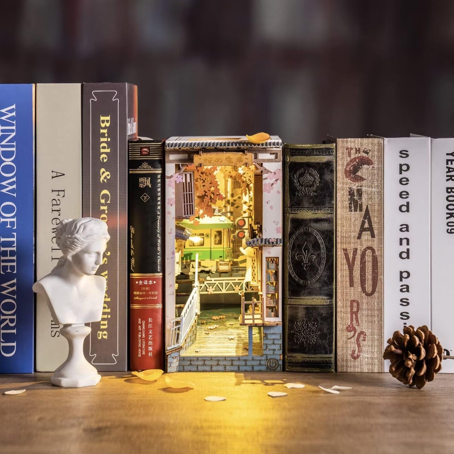 Rolife Sakura Densya Book Nook Kits for Adults DIY Miniature Kit with Light for Desk Library Bookshelf Decoration 3D Wooden Puzzle Booknook Model Kits