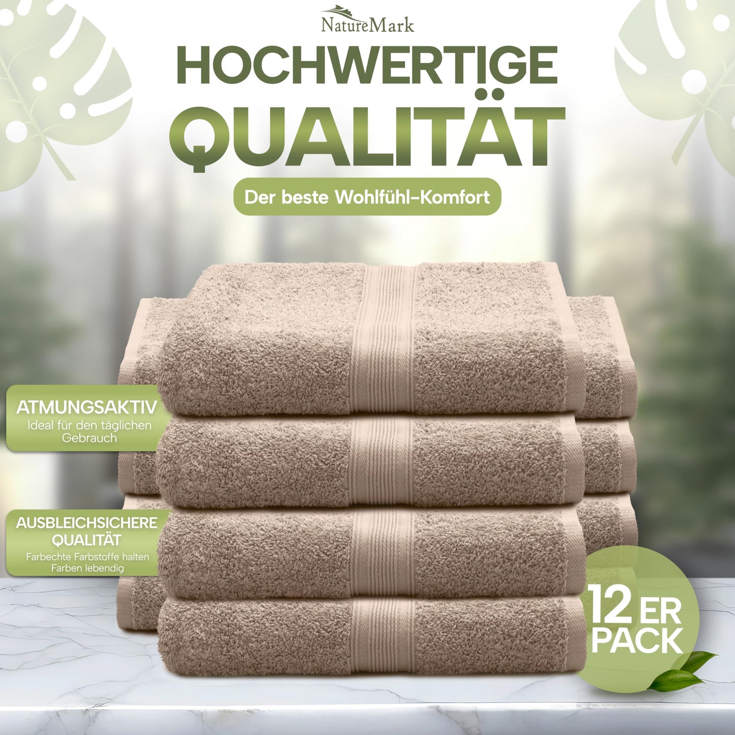 NatureMark Pack of 12 Guest Towels, 30 x 50 cm, 100% Cotton, Sand