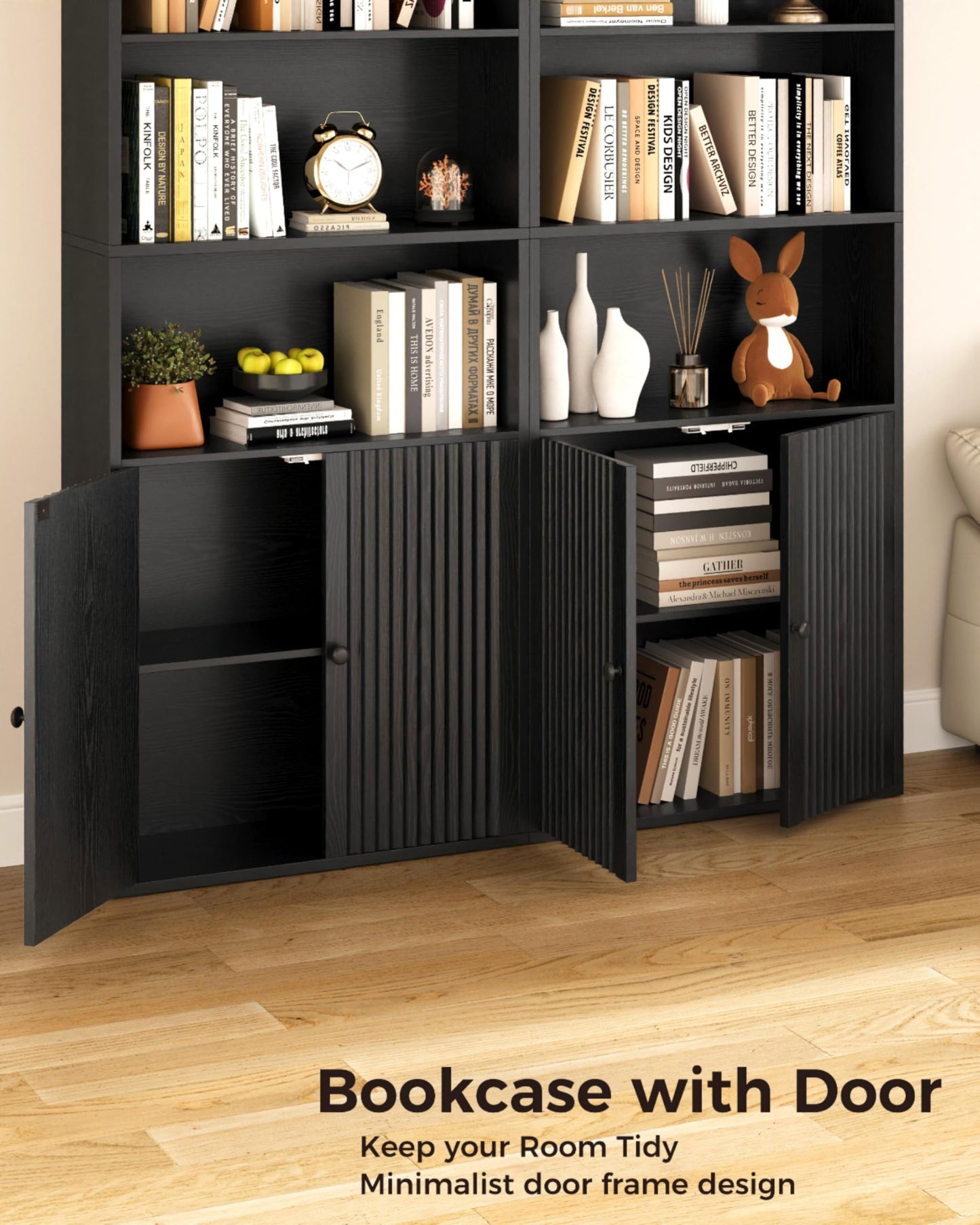 IRONCK Bookcase, Bookshelf with Doors, 6 Tier Tall Book Shelf, Shelving Unit, 60x23.5x180cm Free Standing Display Shelf for Living Room, Home Office