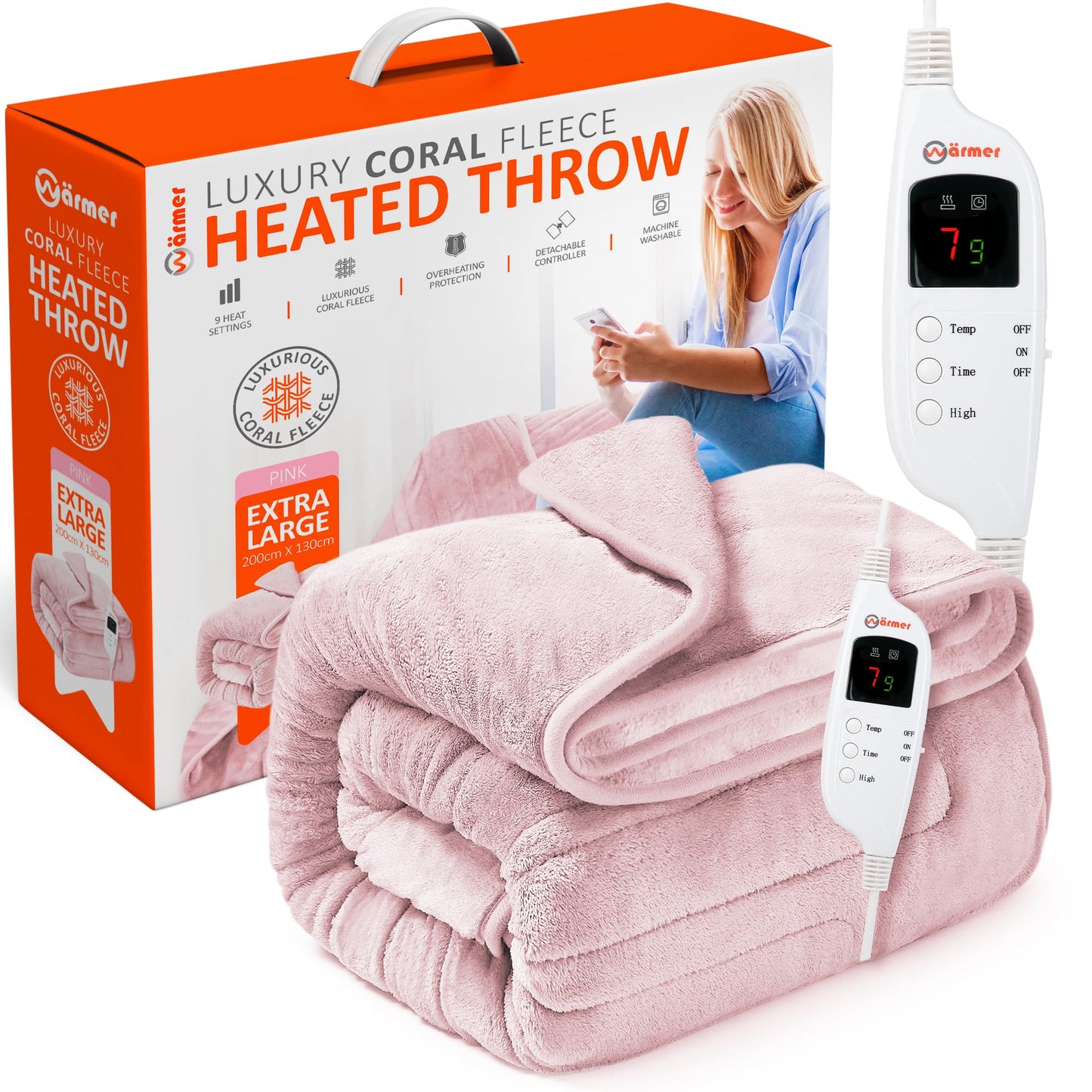 Warmer Electric Heated Throw Blanket - Digital Controller - 9 Hour Timer, 9 Heat Settings, Auto Shutoff, Detachable Controller - Machine Washable -