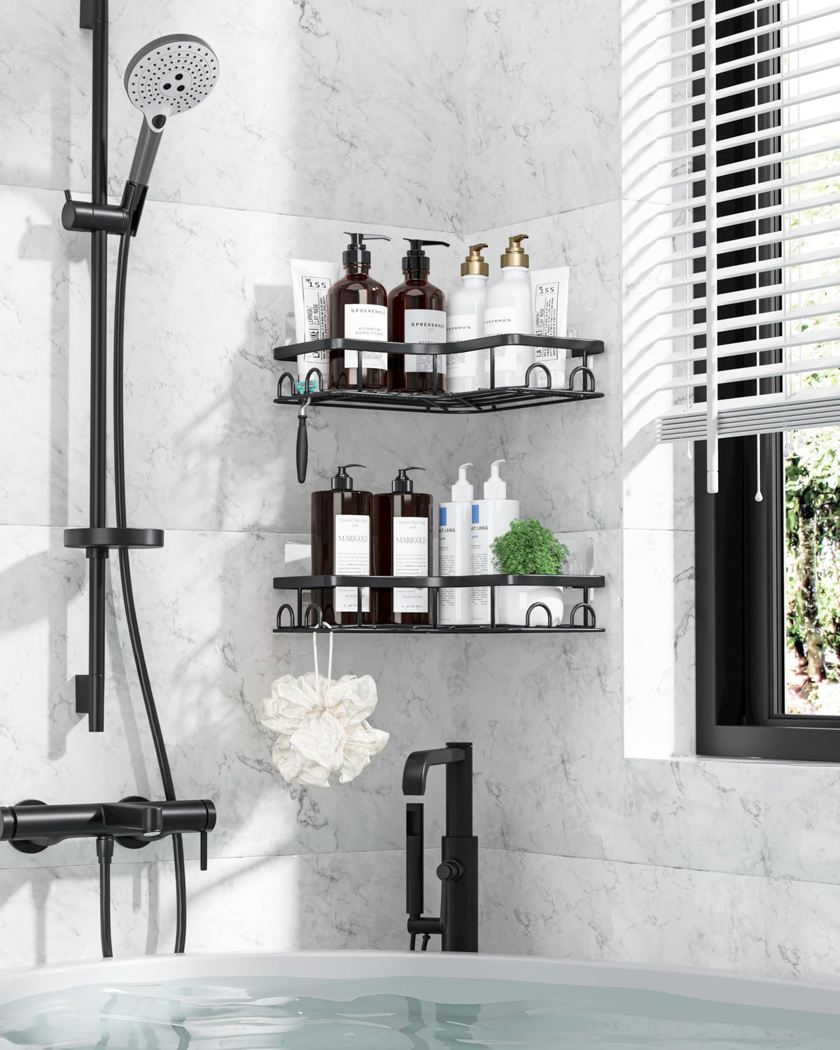 Kitsure Corner Shower Caddy, Rustproof Adhesive Shelf, Large, Black