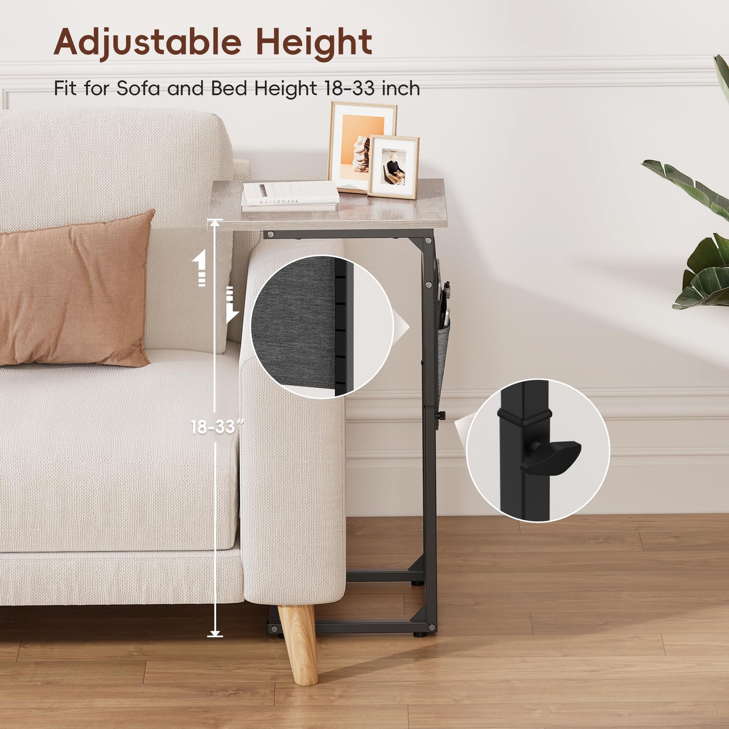 Vagusicc C-Shaped Side Table, Height Adjustable Sofa Side Table, Bedside Table with Cloth Storage Bag, C Tables End Table for Small Spaces