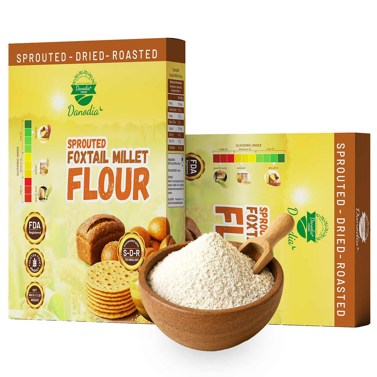 Danodia Foods Sprouted Foxtail Millet Flour (950g/2 lbs) | Sprouted, Dried & Roasted Whole Grain Flour | Naturally Gluten-Free | Perfect for Chapati,