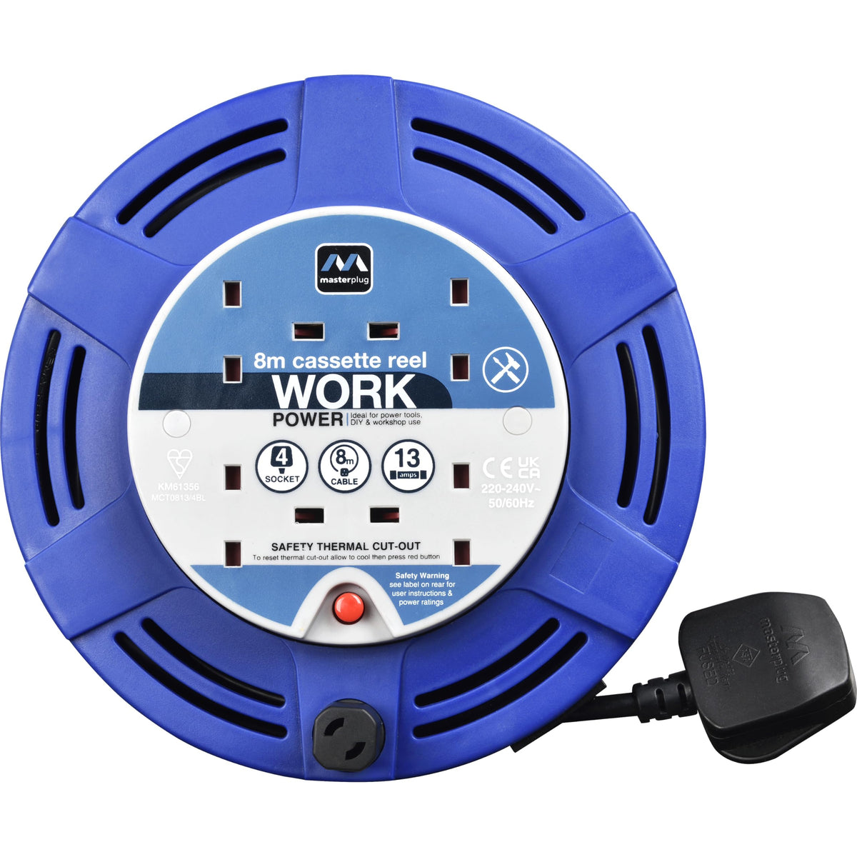 Masterplug Four Socket, 8 Metre Cassette Reel, Medium Extension Lead Cable Reel, Wind-Up Retractable Power Cord Reel, Thermal Cut Out, Work Power,