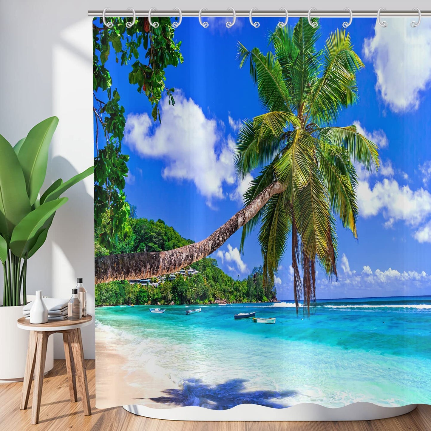 ASDCXZ Shower Curtain Palm Beach 180x180 cm, Summer Seaside Blue Sky Tropical Plants Shower Curtains Washable Polyester Textile Waterproof Shower