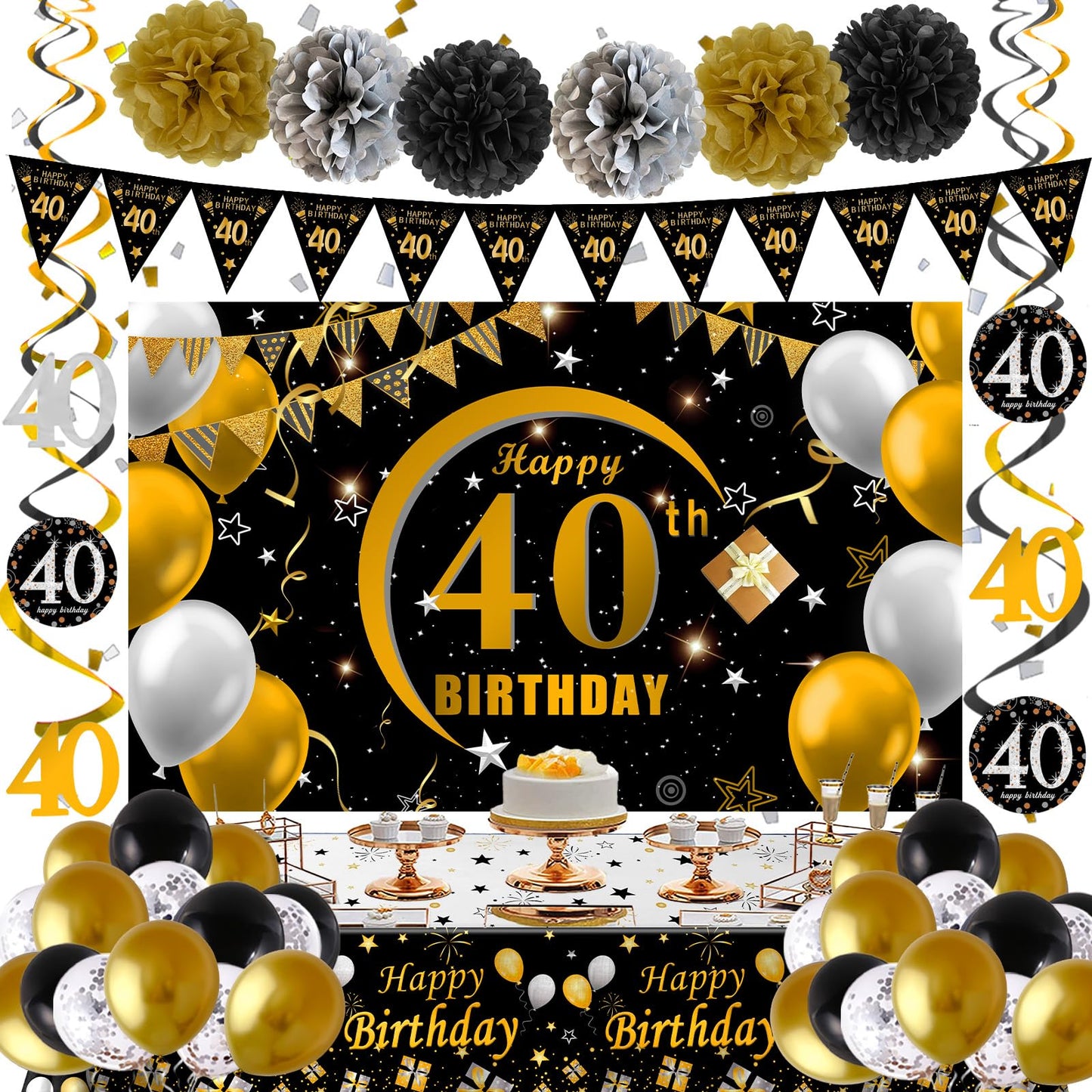 40th Birthday Decoration Men Women, 40th Birthday Decorations Banner Backdrop Balloons Black and Gold, Happy 40 Bday Decorations Banners Tablecover