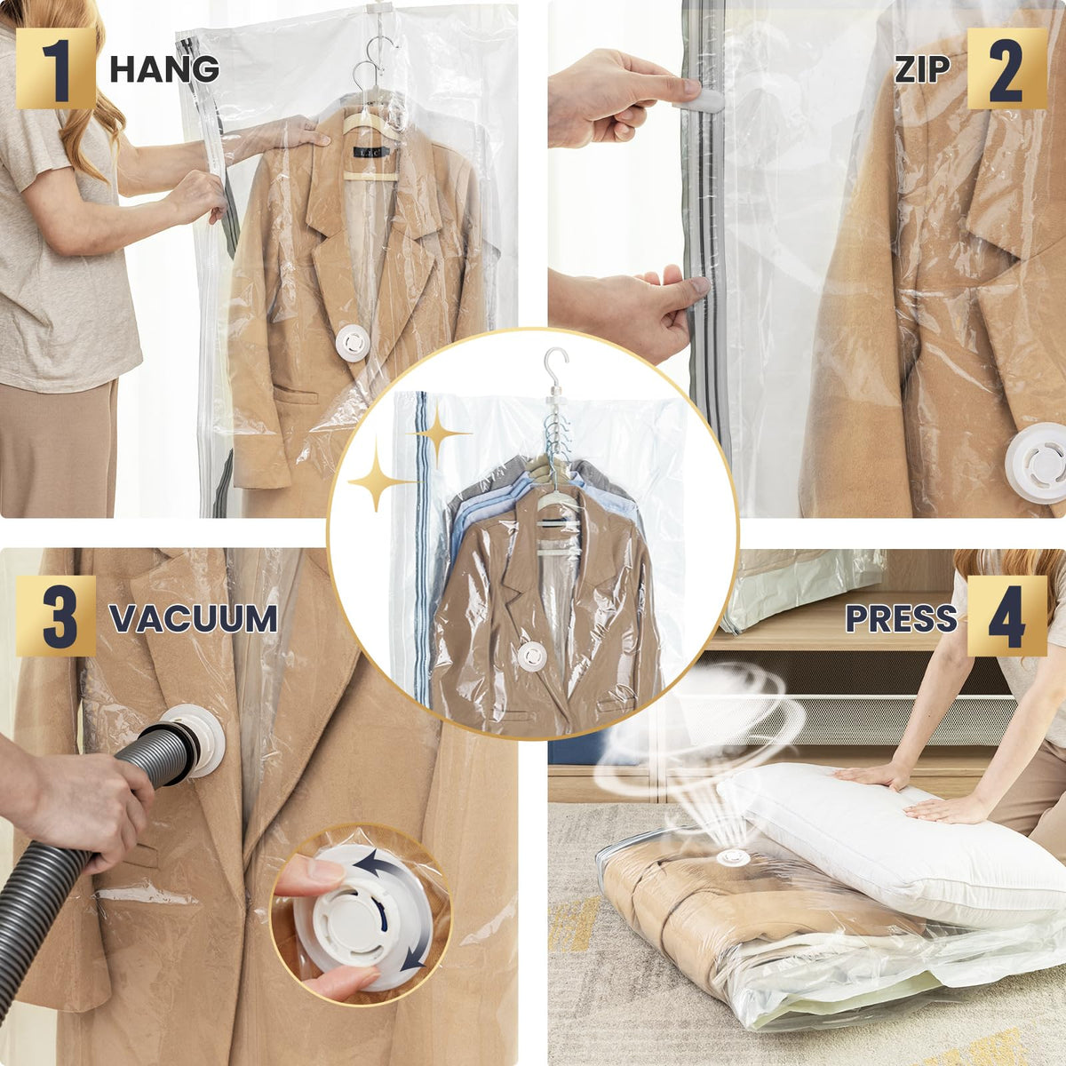 TAILI Hanging Vacuum Storage Bags for Clothes, 6 Packs Long 135x70x20x20cm, Vacuum Storage Bags for Suits, Coats, Jackets or Dresses, Save 80% Space