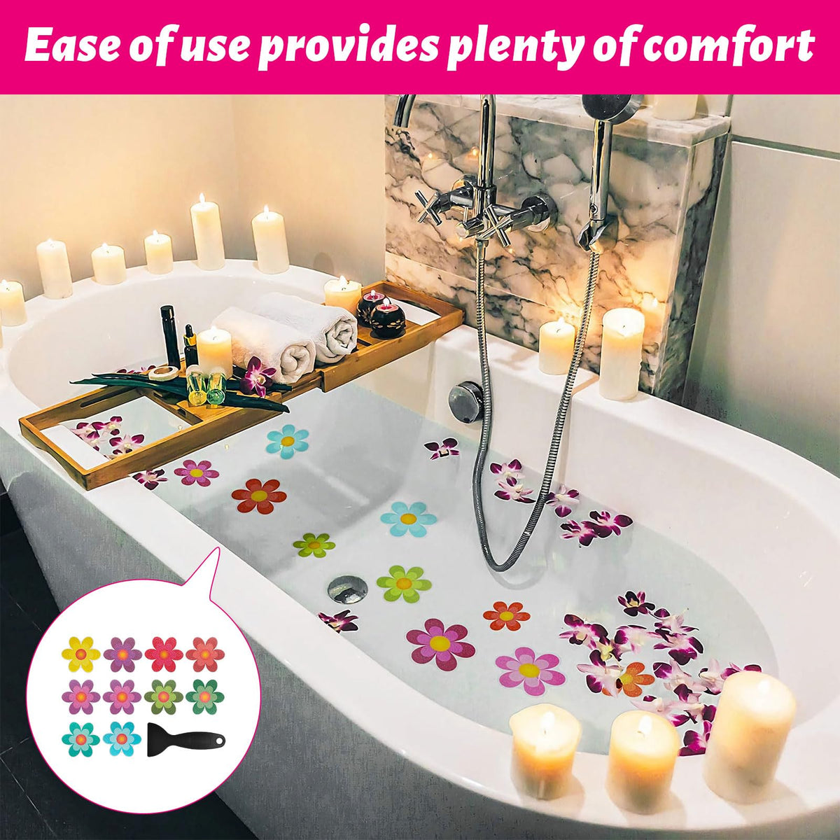 Qianeffort 10Pcs Anti Slip Shower Stickers,Colorful Sunflower Bath Non Slip Stickers,Adhesive Non Slip Bath Stickers with Scraper,Shower Non Slip