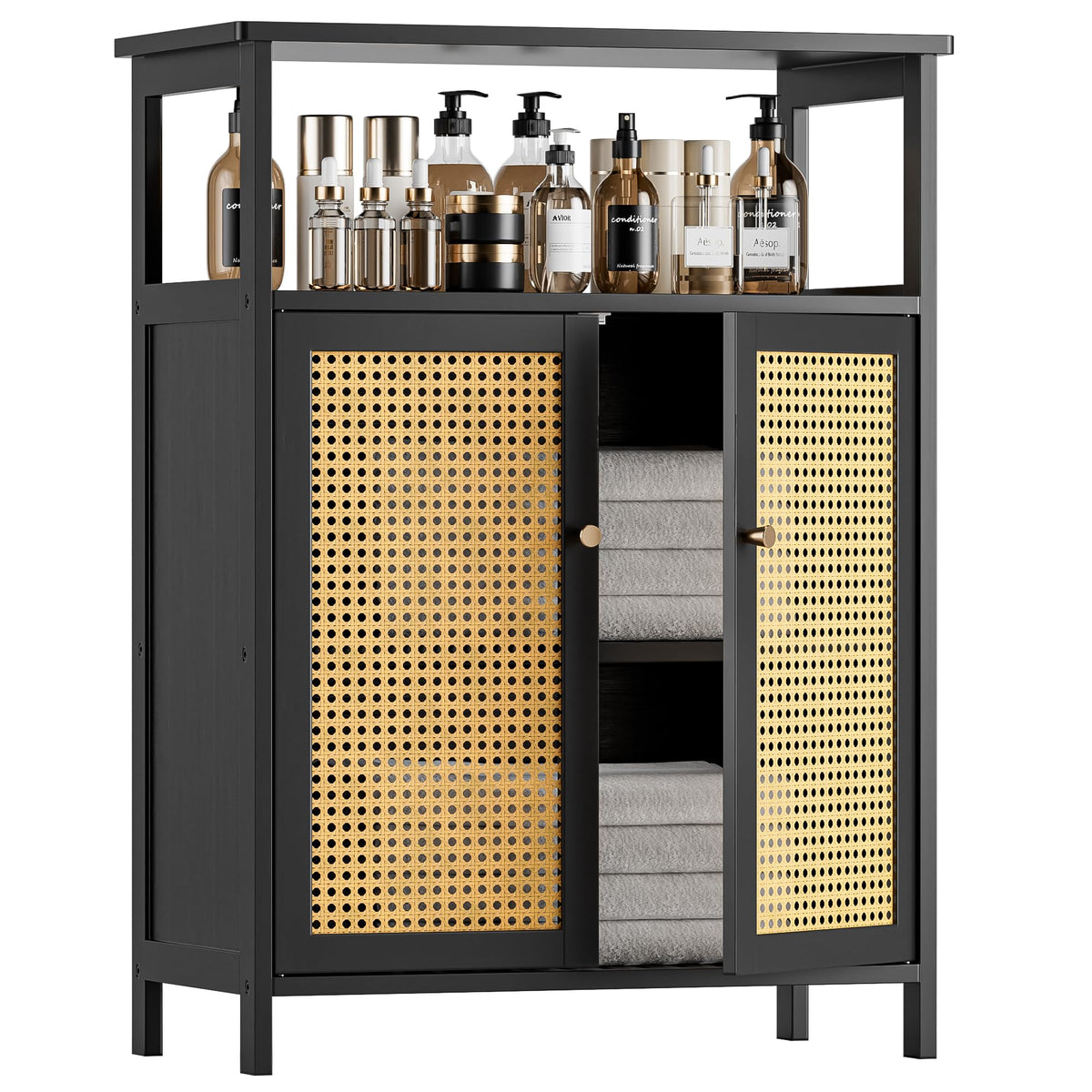 HITNET Bamboo Floor Cabinet, Bathroom Storage Cabinet with 2 Rattan Doors and Shelves, Freestanding Kitchen Cupboard Space Saving Home Decor, Black
