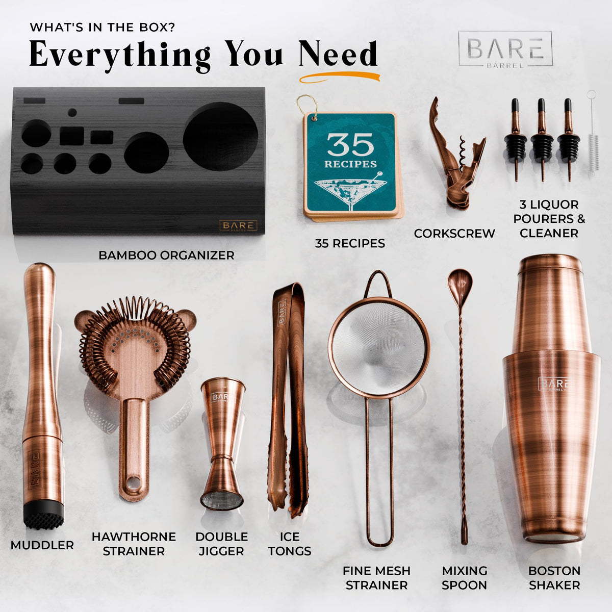 BARE BARREL Cocktail Making Kit | 14-Piece Bartender Kit Cocktail Shaker Set Maker | Bamboo Display Stand & 35 Recipe Cards | Mixology Cocktail Gift