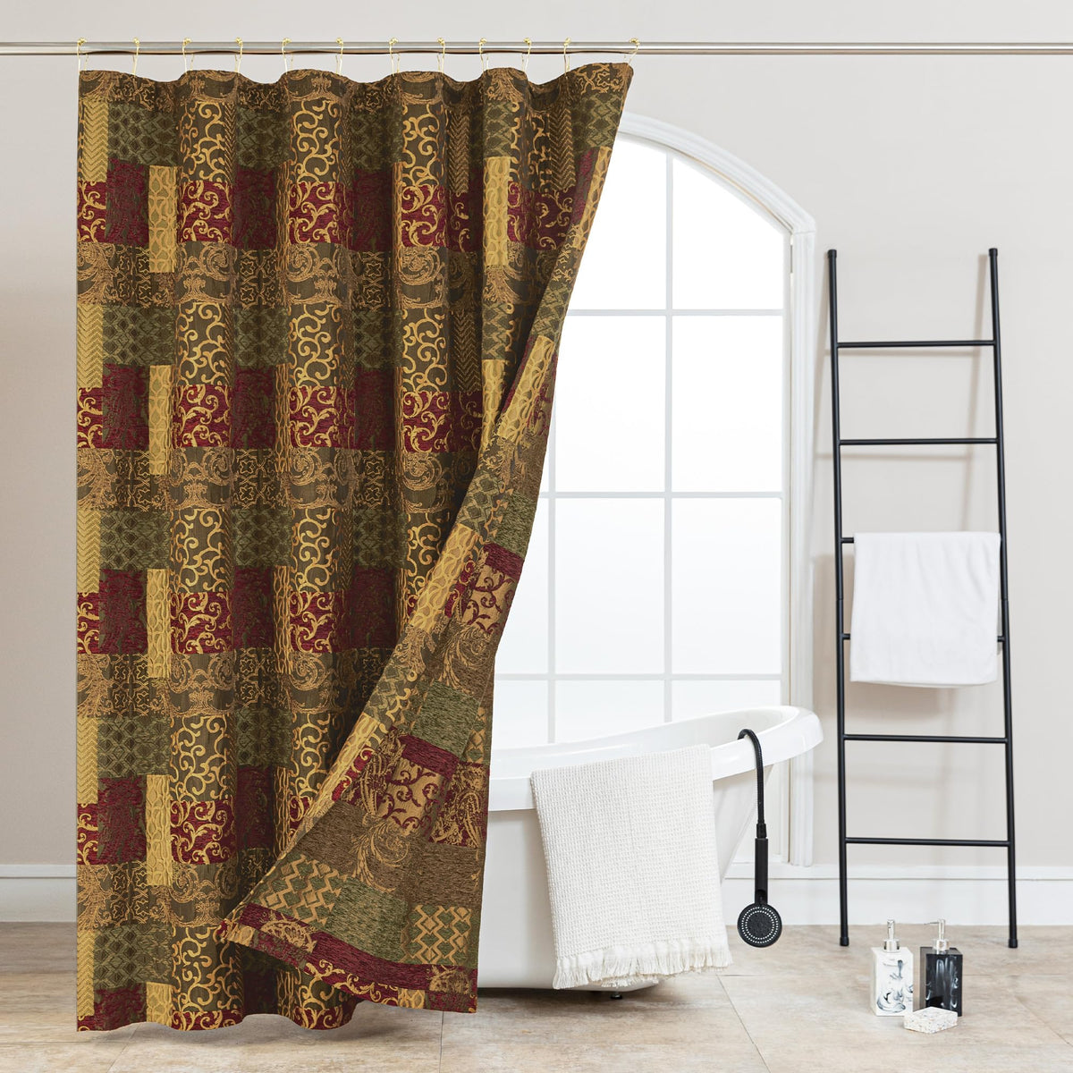 TOPLUXE Patchwork Shower Curtain with 12 Metal Hooks 180x180cm