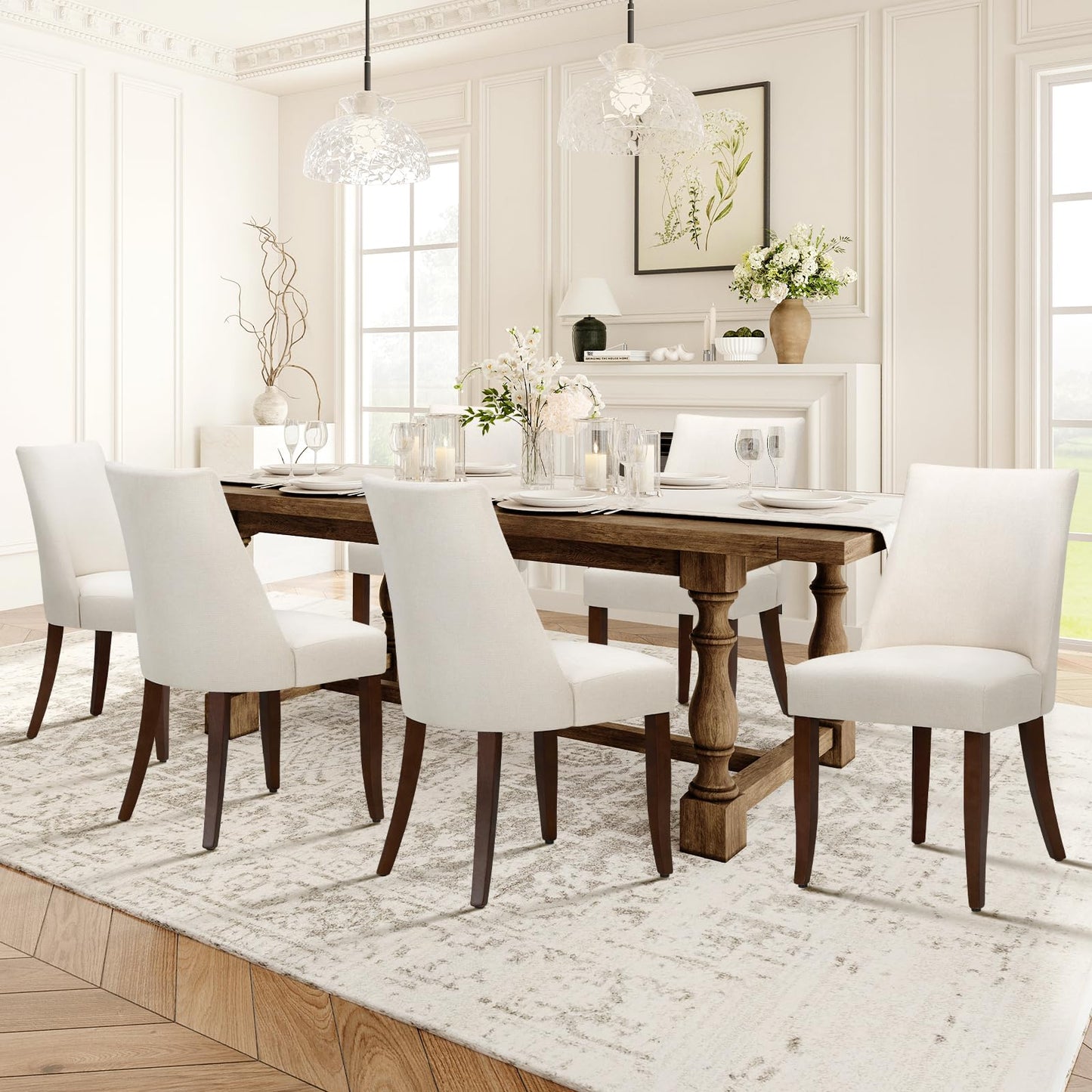 COLAMY Upholstered Dining Chairs Set of 6, Linen Fabric Parsons Dining Room Chairs with Curved Backrest, Solid Rubber Wood Legs