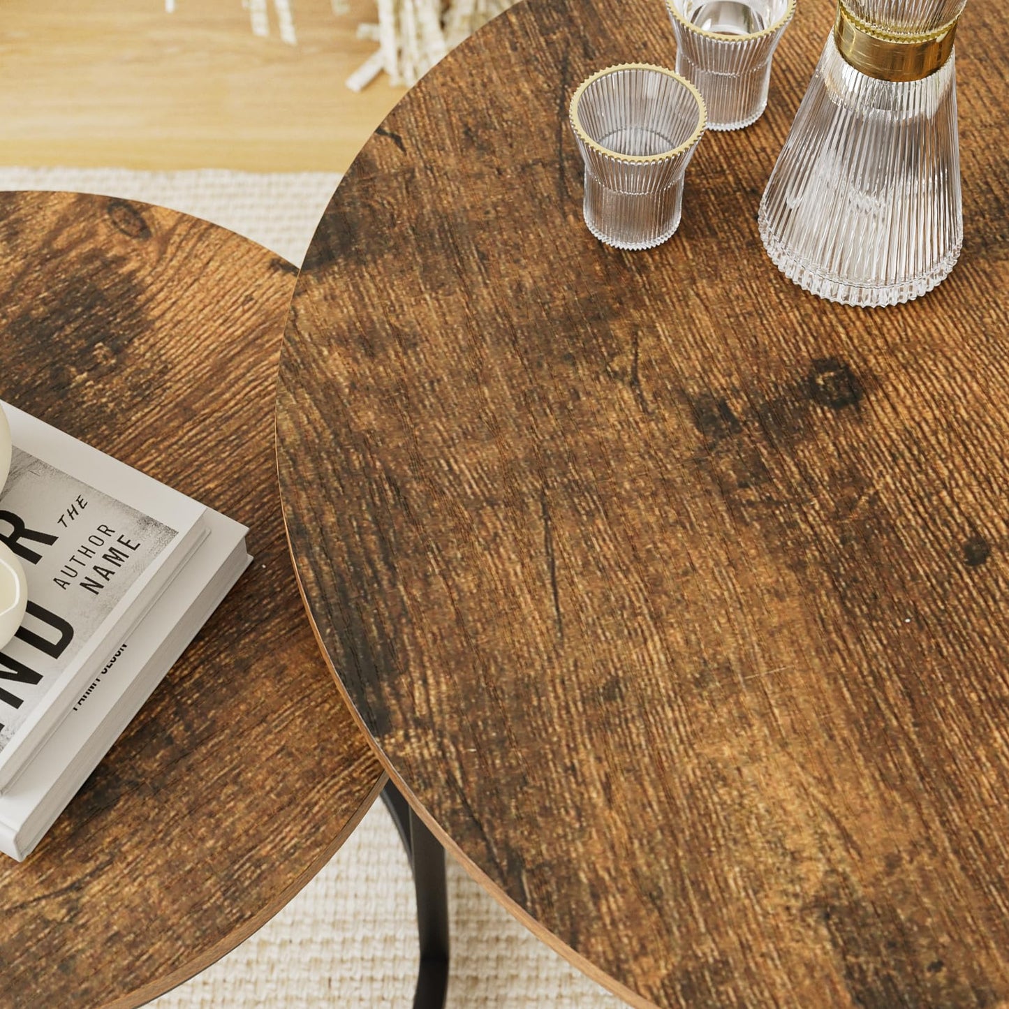 HEYZOEY Round Coffee Tables, Removable Set of 2 End Table, Nesting Tables with Black Metal Frame Legs and Marble Black Top for Living Room, Bedroom
