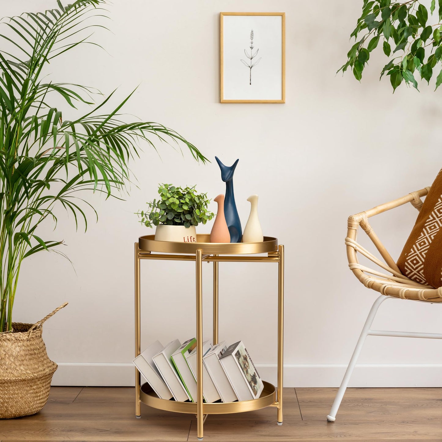 danpinera 2 Tier Gold Side Table, Folding Round Metal End Table Small Nightstand with Two Removable Tray for Bedroom Living Room Bedside Small Spaces