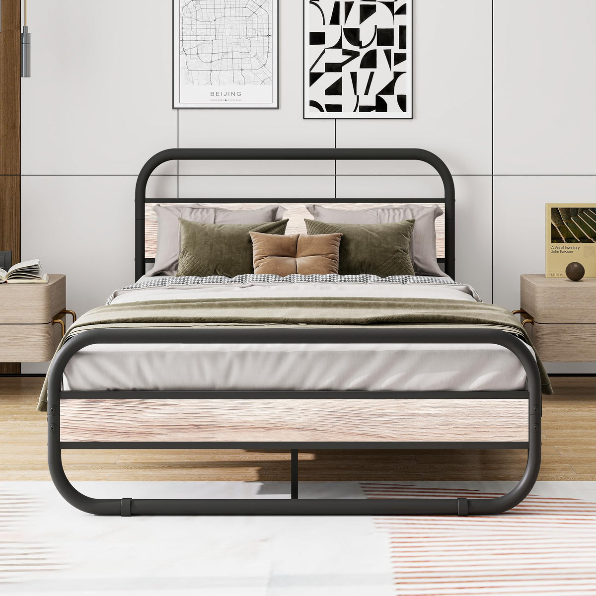 HOMERECOMMEND Double Bed Frame with Headboard,Oval-Shaped Platform Bed with Under-Bed Storage,Steel Slats Mattress Foundation Round Pipe Design Bed