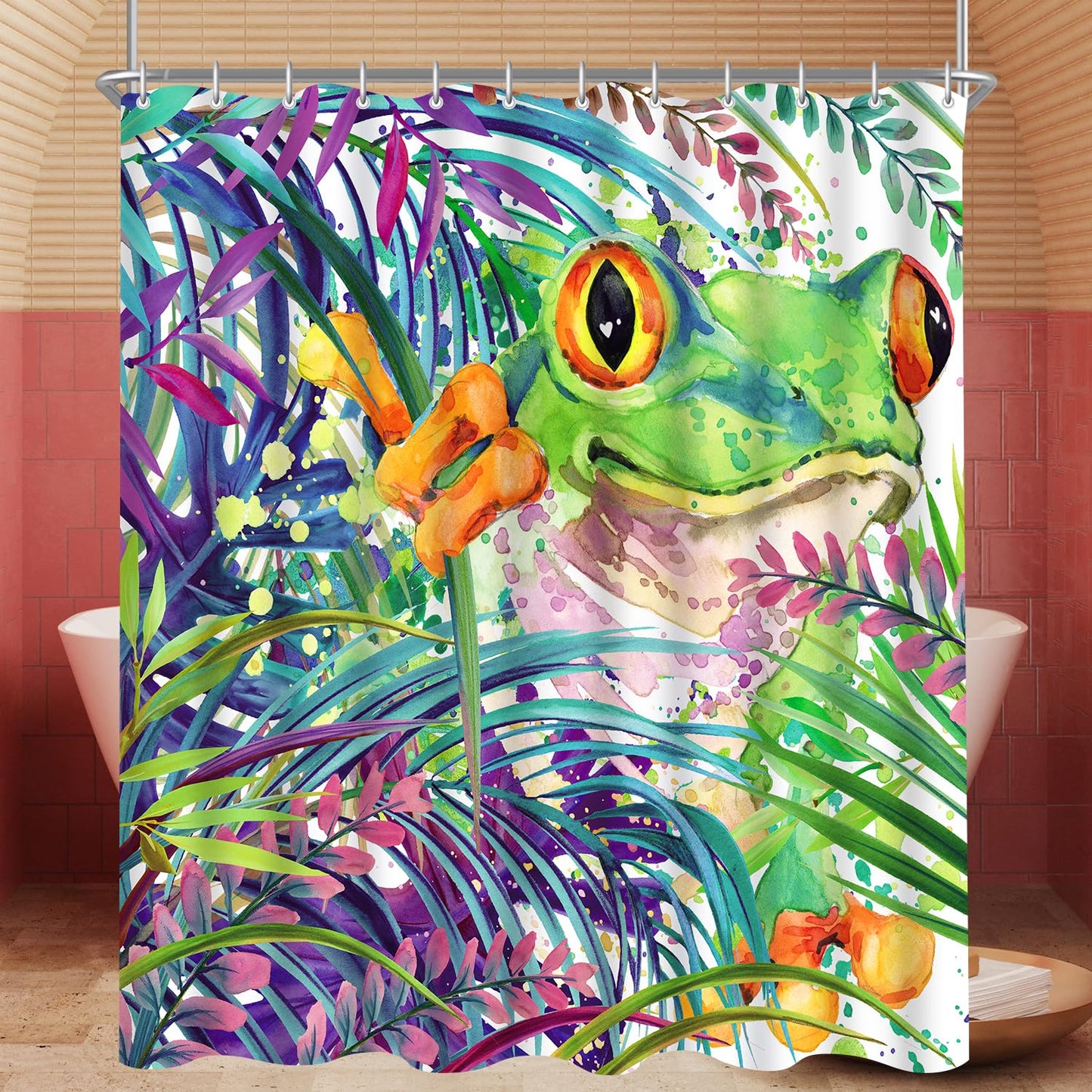 Lerores Shower Curtain, 180 x 200 cm, Painted Frog Motif, Weighted Hem, Anti-Mould, Water-Repellent, Washable Polyester Bath Curtains with 12 Eyelets