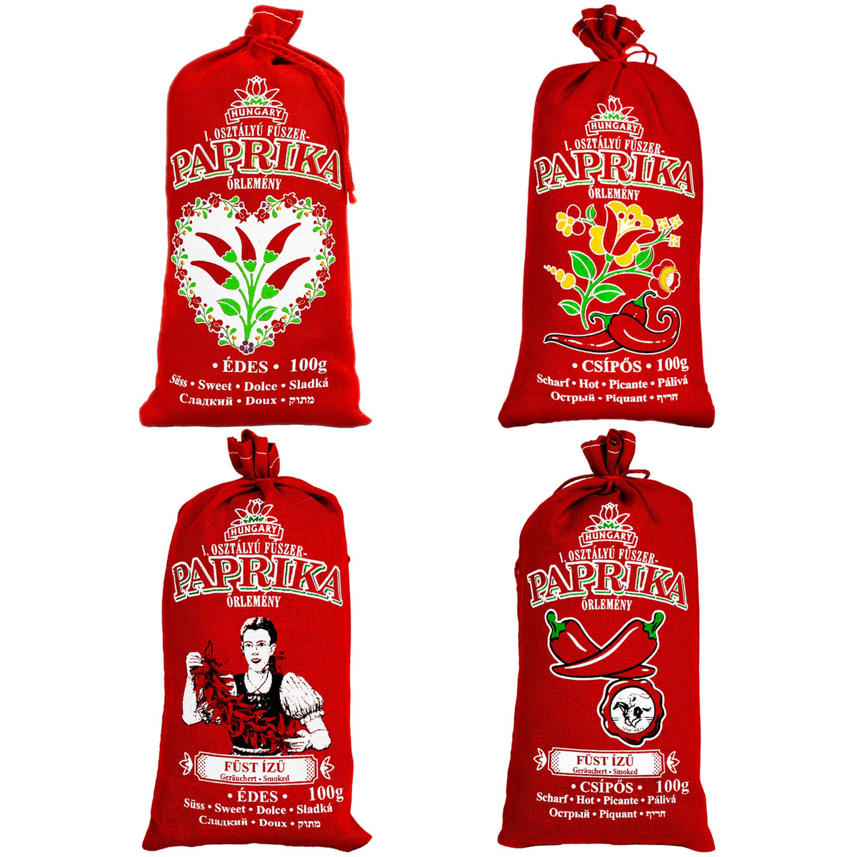 Hungarian Paprika Premium Quality Sweet/Hot/Smoked (Origin: Kalocsa,Hungary) (All 4 taste, 4x100g)