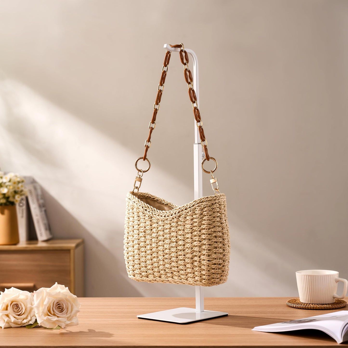 Josmimic 2 Pack Purse Holder Handbag Display Stand: White Hanger Rack for Bags, Purses, and Wreath, Adjustable Hook Stand for Tabletop, Closet