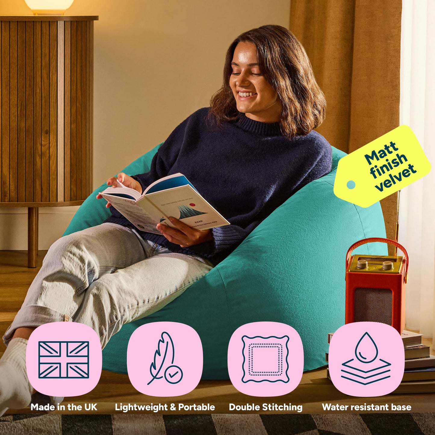 icon Kingston Velvet Bean Bag with Filling Included, Teal