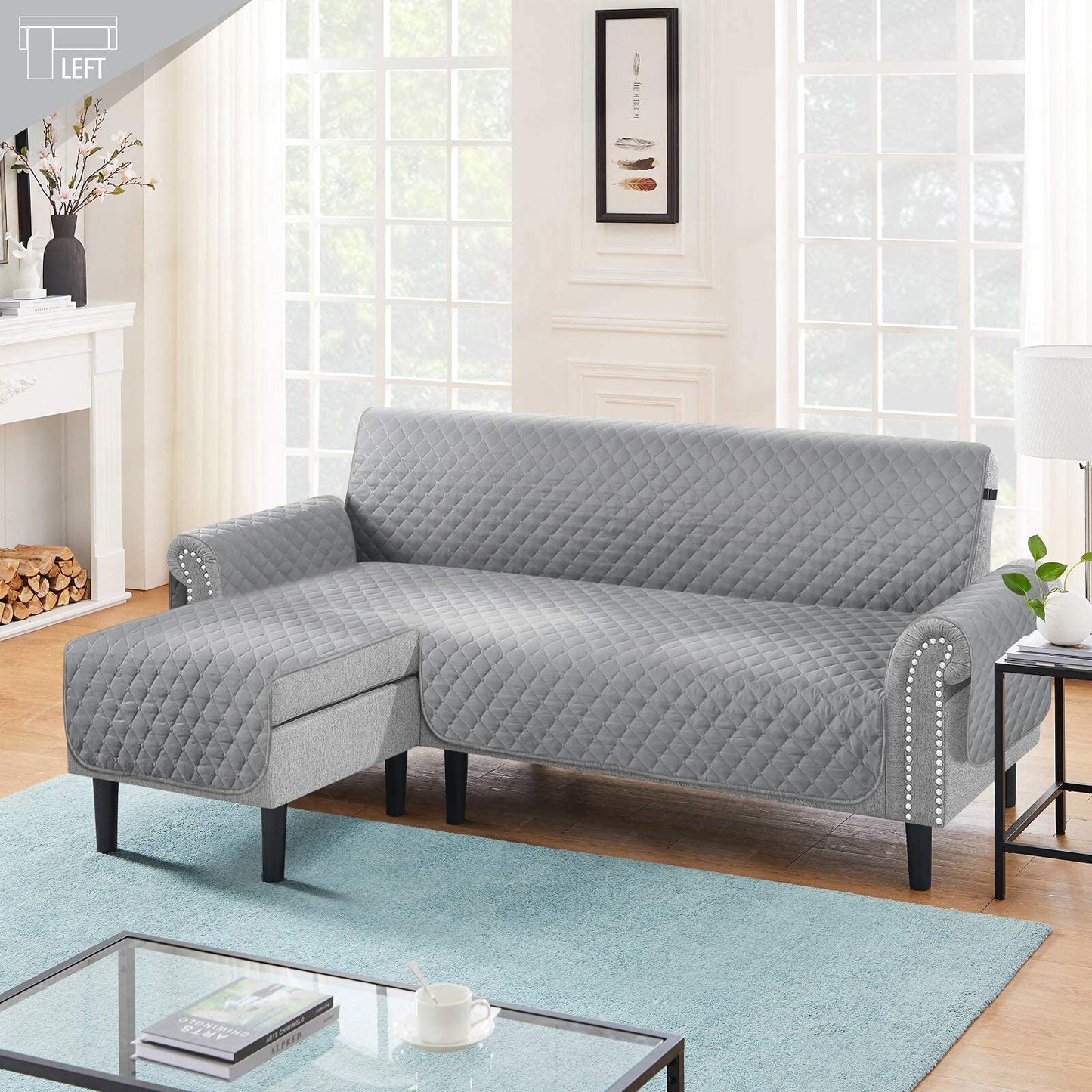 TAOCOCO Corner Sofa Bed Cover Reversible 2 Seater Chaise End Sofa Cover L Shape Sofa Protector for Pets Furniture Sofa Protector (Pale Grey)