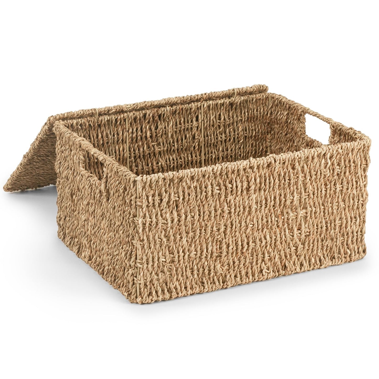 Woodluv Storage Boxes with Lids, Woven Natural Seagrass, Nesting Storage Baskets for Shelves, Gift Hamper Basket