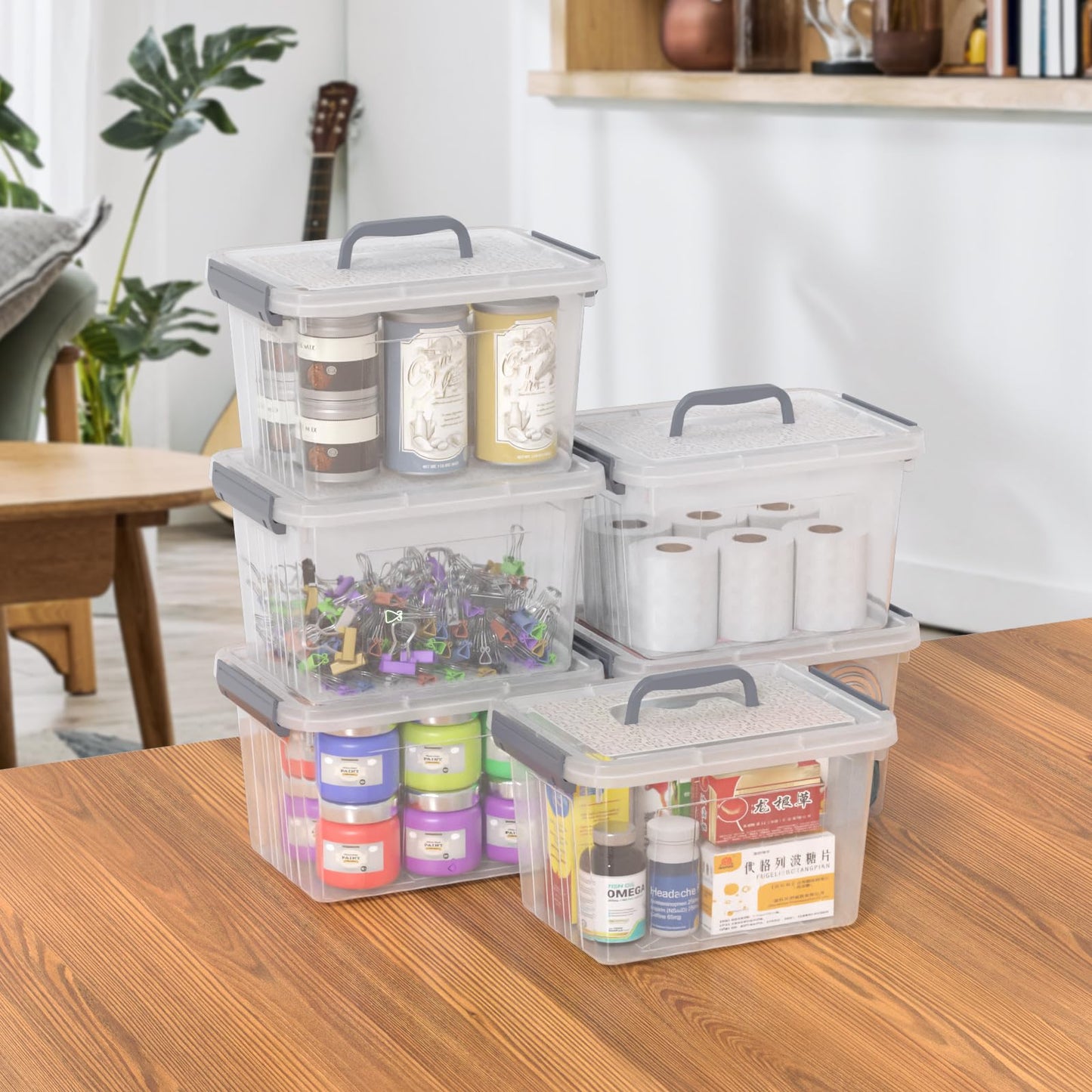 Hespama 6 L Lidded Storage Box with Handle, 6 Pack Plastic Organising Boxes