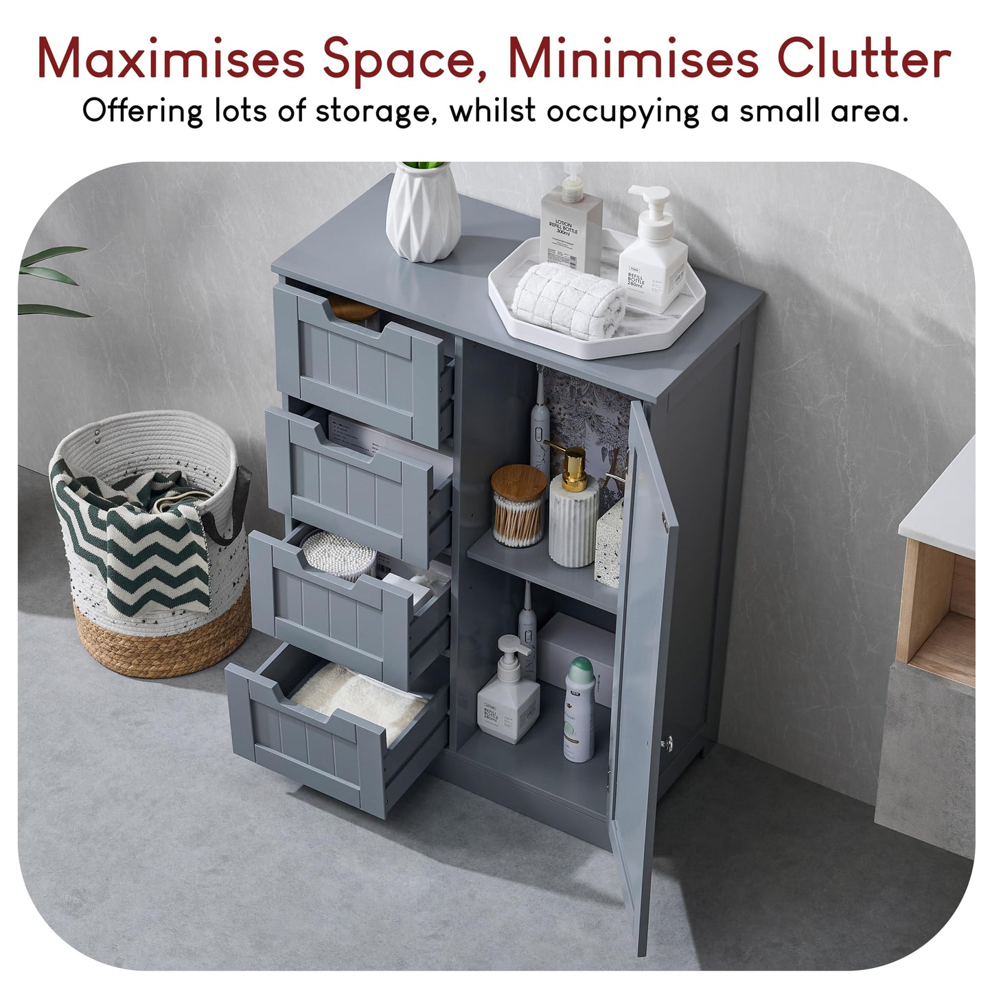 Bath Vida Priano Freestanding 4 Drawer 1 Door Bathroom Floor Cabinet, Grey