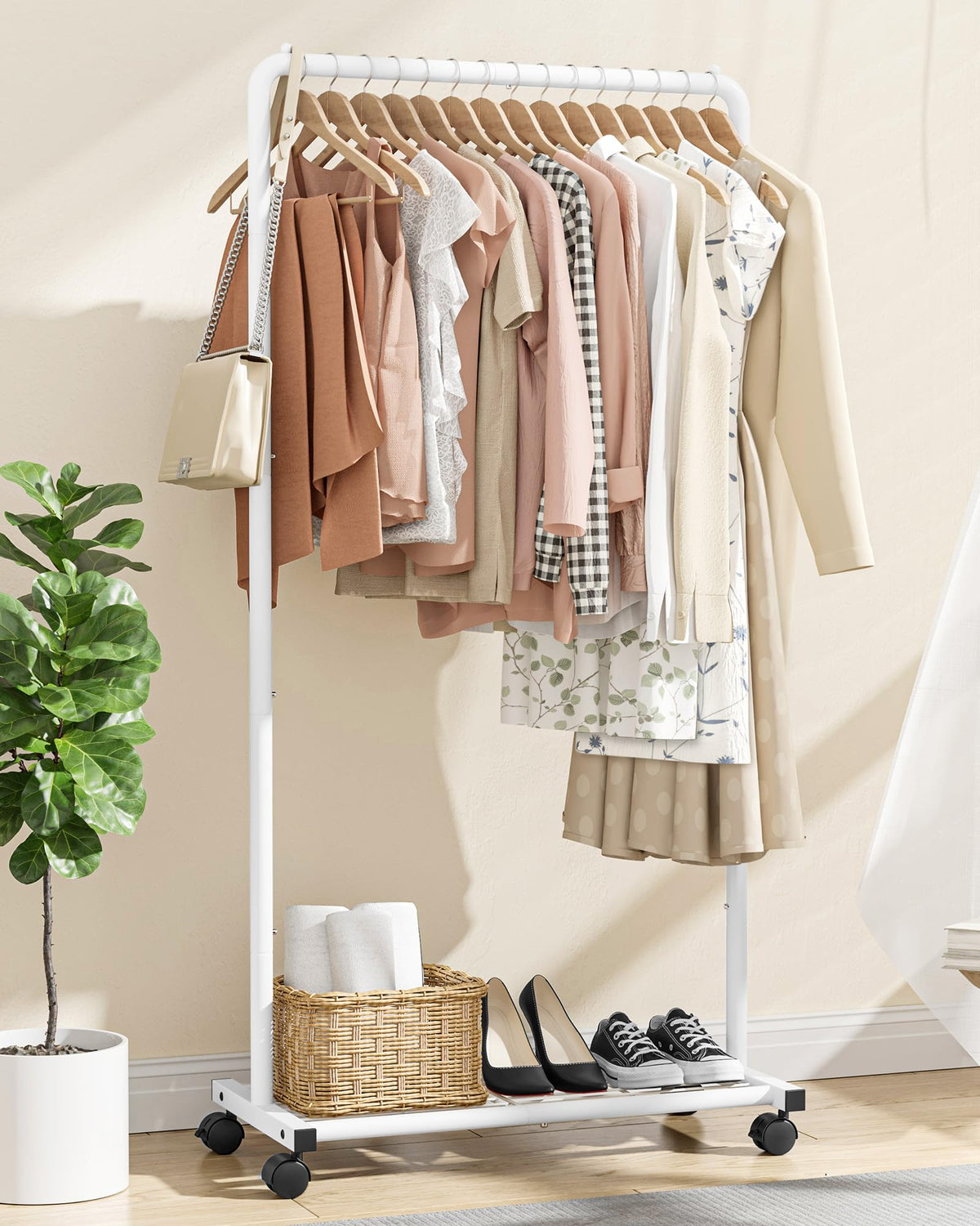 Sakugi Clothes Rail - Movable Clothes Rack with Bottom Shoes Shelf, Heavy-Duty Clothing Rail for Hanging Clothes, Coats, Dresses, Clothes Rail for