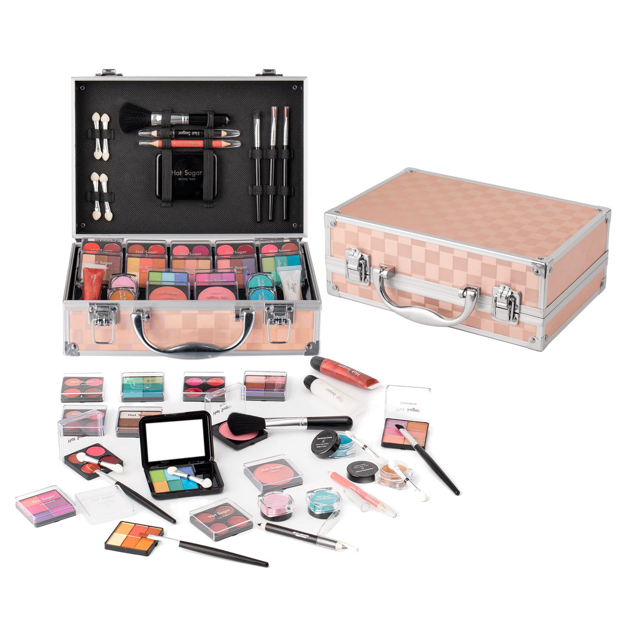 Hot Sugar Girls Makeup Set, Complete Starter Cosmetics Kit with Eye Shadow, Lip Balm, Blush, Lip Gloss, Brushes, Eye Pencils and Mirror (GOLD CHECK)
