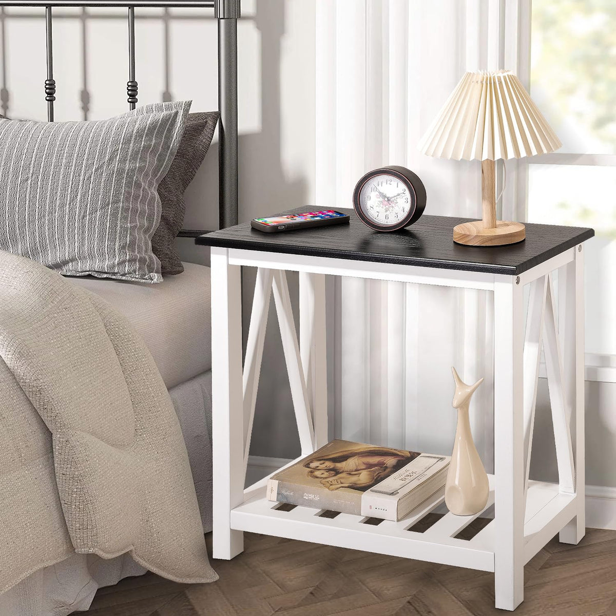 FEUFOAM Farmhouse End Side Table Wood Frame Narrow Side Table with Shelves Black White Rectangular Night Stand Sofa Table for Couch, Small Spaces