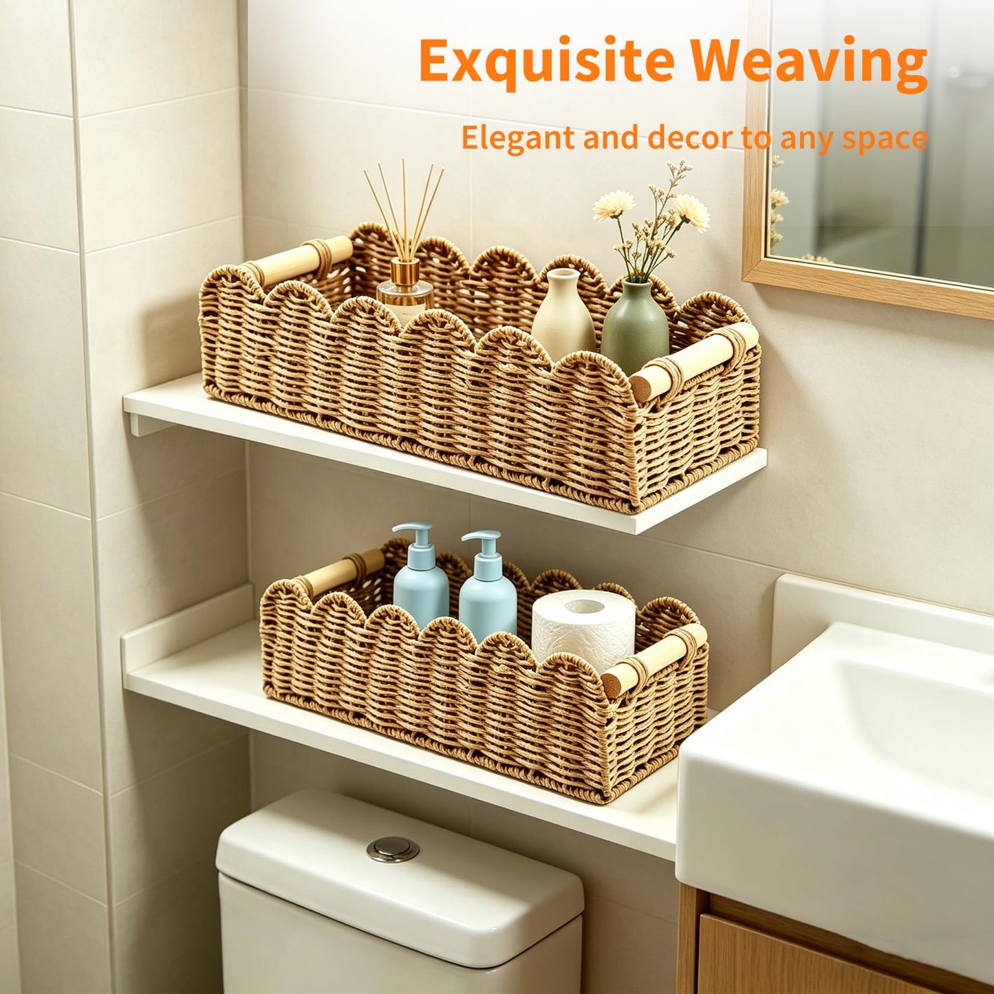 Lnopever 2 Pcs Storage Baskets, Paper Rope Scalloped Edge Bathroom Organizer Boxes, for Toilet Storage Shelf, End Table, Shelves and More