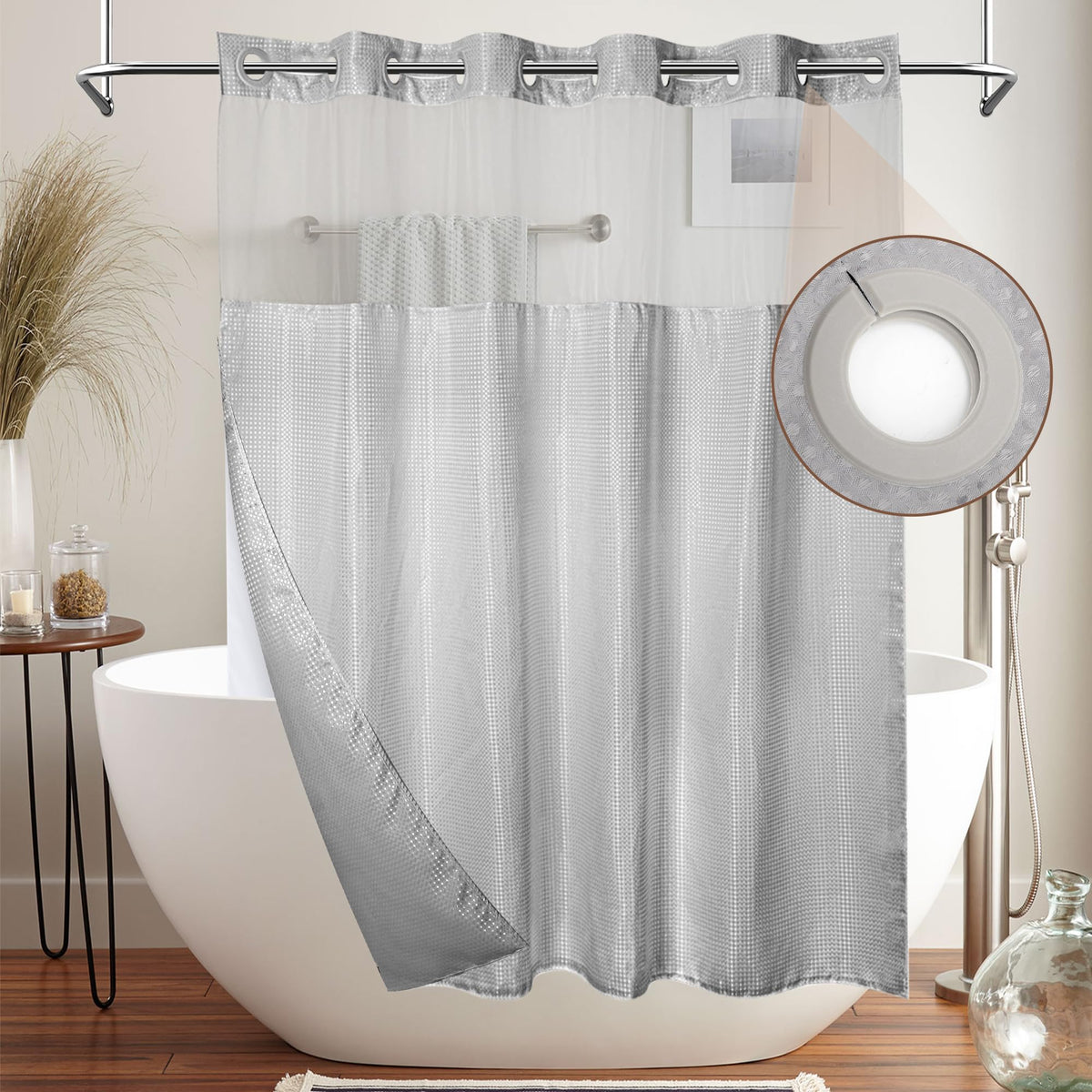 MEKOTRIN Hookless Shower Curtain with Snap on Liner Waffle Fabric Double Layer, 74 x 71 Inch Weighted Grey Shower Curtains with Viewing Window, Bath