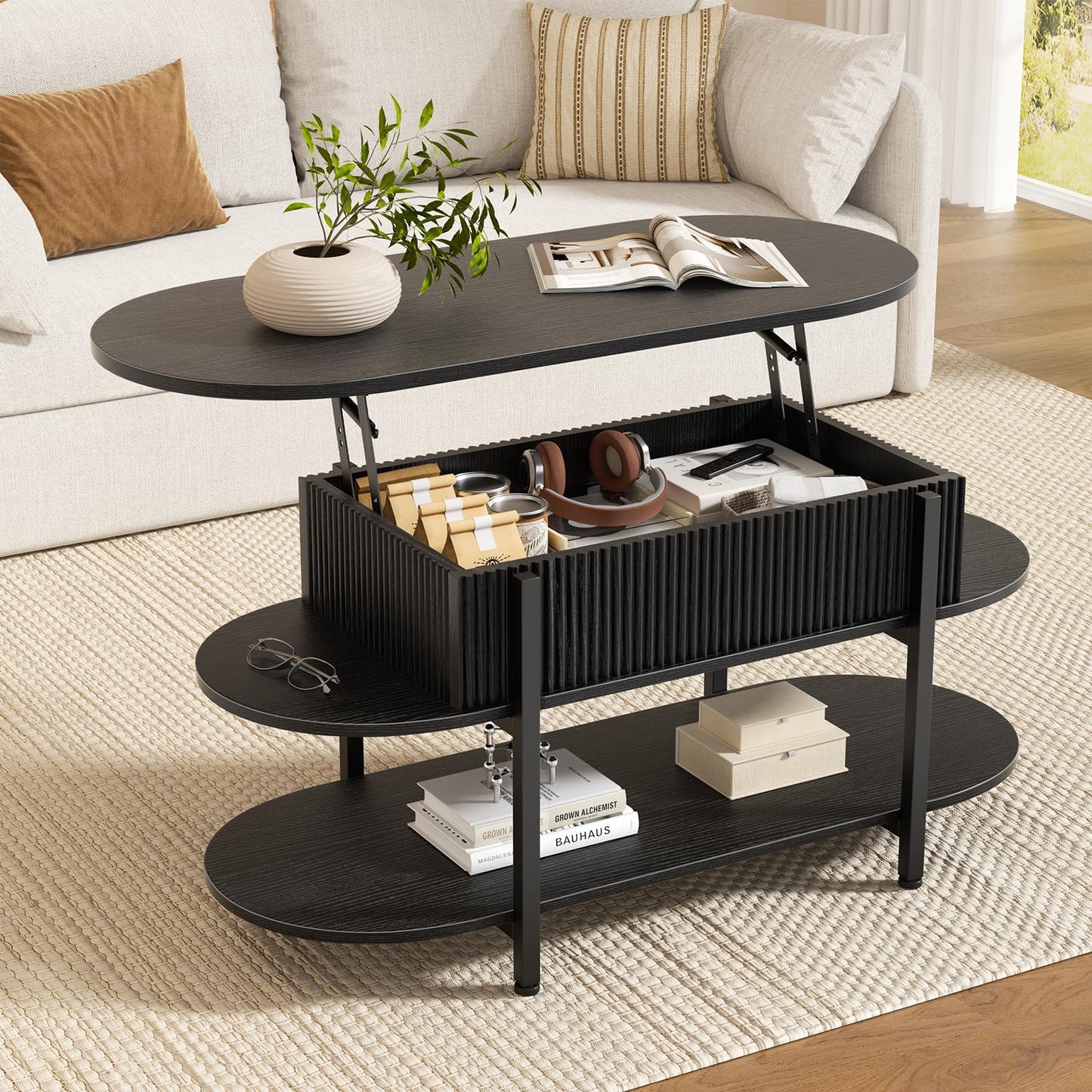 Mossora 106cm Oval Fluted Lift Top Coffee Table with Hidden Storage, Black