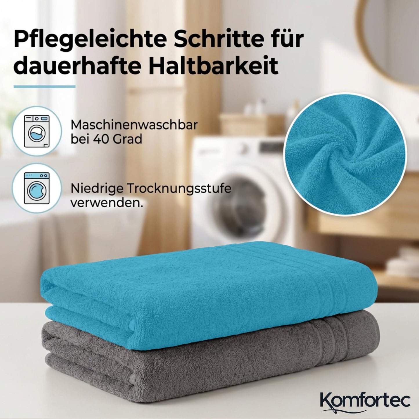 Komfortec Jumbo Bath Towels, 100% Cotton, Quick Dry, 80x200, Grey & Turqoise