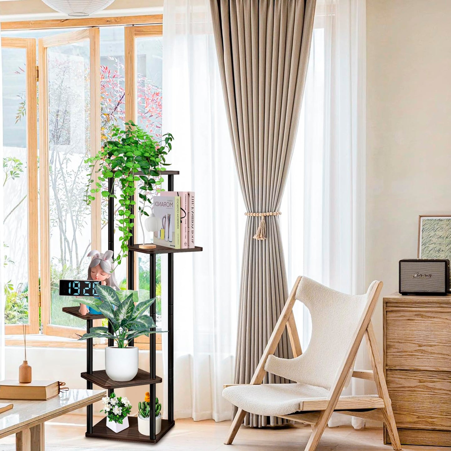 VASZOLA 5 Tier Wood Tall Plant Stand, Metal Rack with Multiple Flower Pot Holder Shelves, Planter Shelf Display Rack Storage Organizer for Balcony