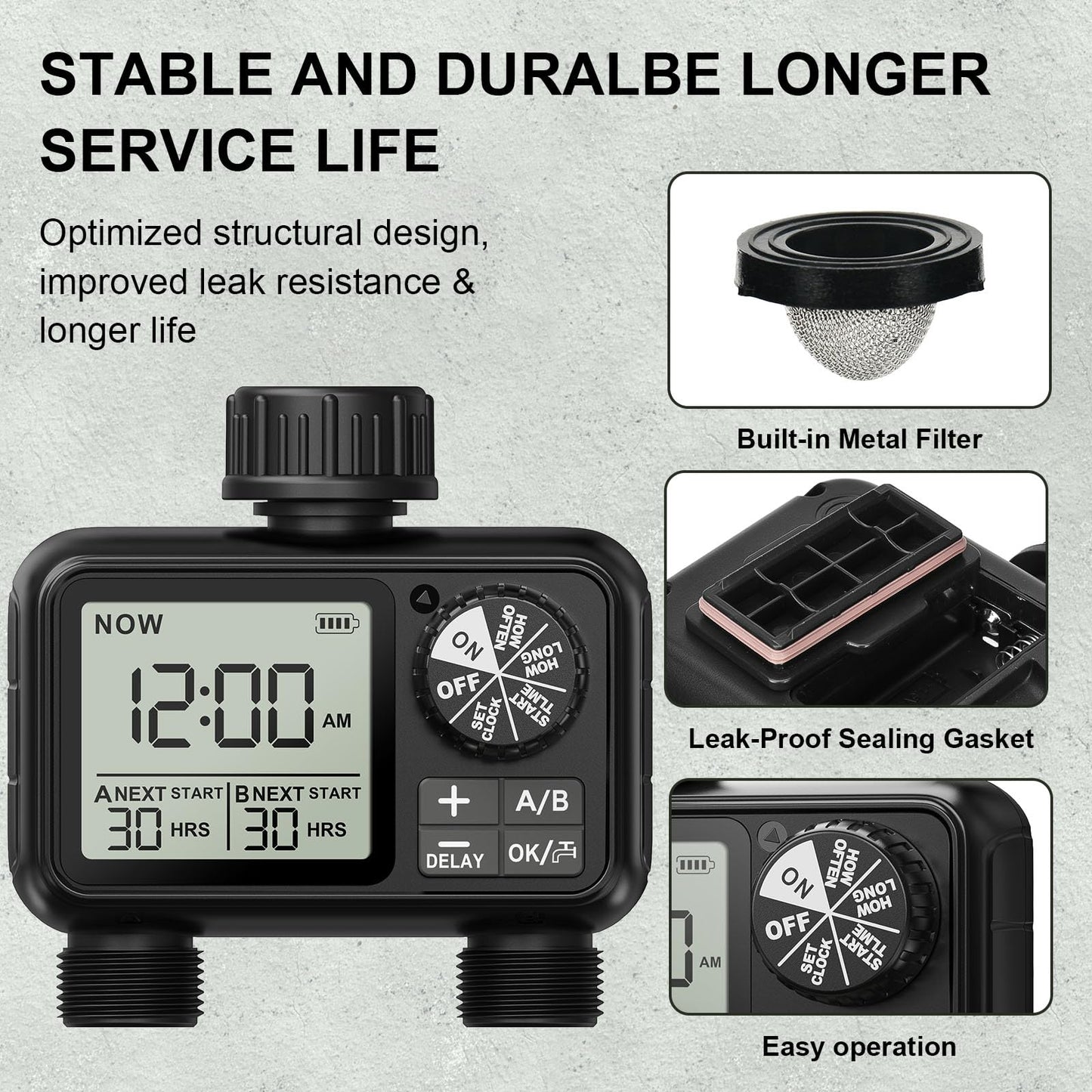 Xtsuen Water Timers for irrigation, Hose Timer with Rain Delay/Automatic & Manual Mode, Sprinkler Timer for Garden IPX5 Waterproof/Large Screen LCD