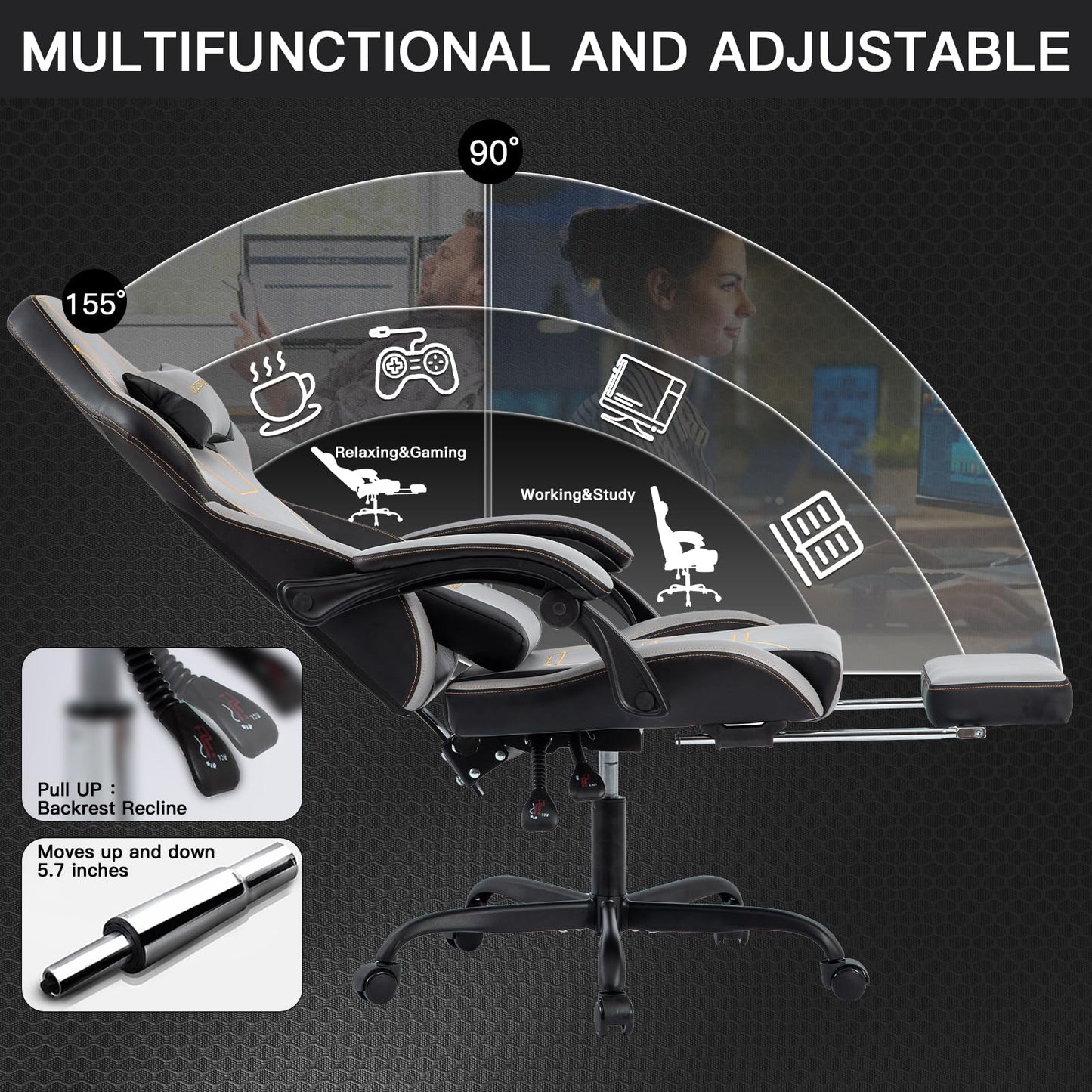 Gaming Chair, Ergonomic Gaming Chair, Computer Chair with Headrest and Lumbar, Racing Computer Chairs, Height Adjustable Rotating PC Chairs