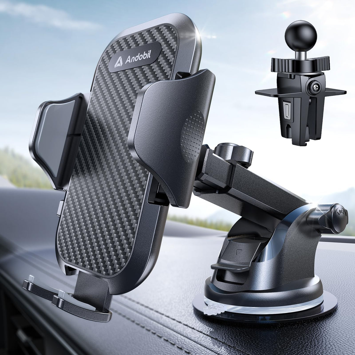 andobil Car Phone Holder, 2025 Military-Grade 85lbs Strongest Suction Phone Holders for Your Car Dashboard/Windshield/Vent Easy Clamp Cellphone Holder
