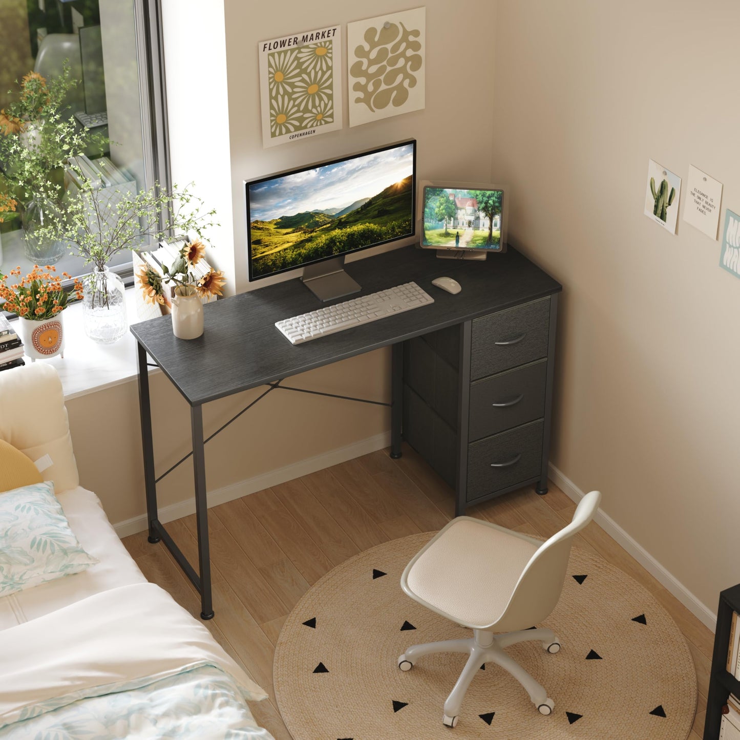 KitMent 120cm Wide Desk, Small Computer Desk with 3 Drawers, Home Office Desk with Adjustable Feet and Sturdy Frame