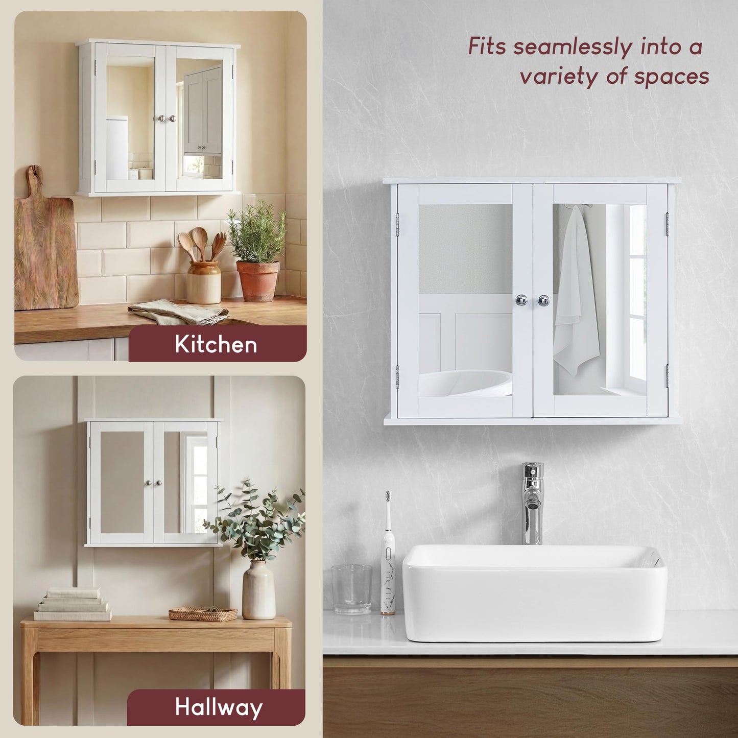 Bath Vida Priano Double Door Mirrored Bathroom Cabinet Storage Cupboard Wall Mounted, White