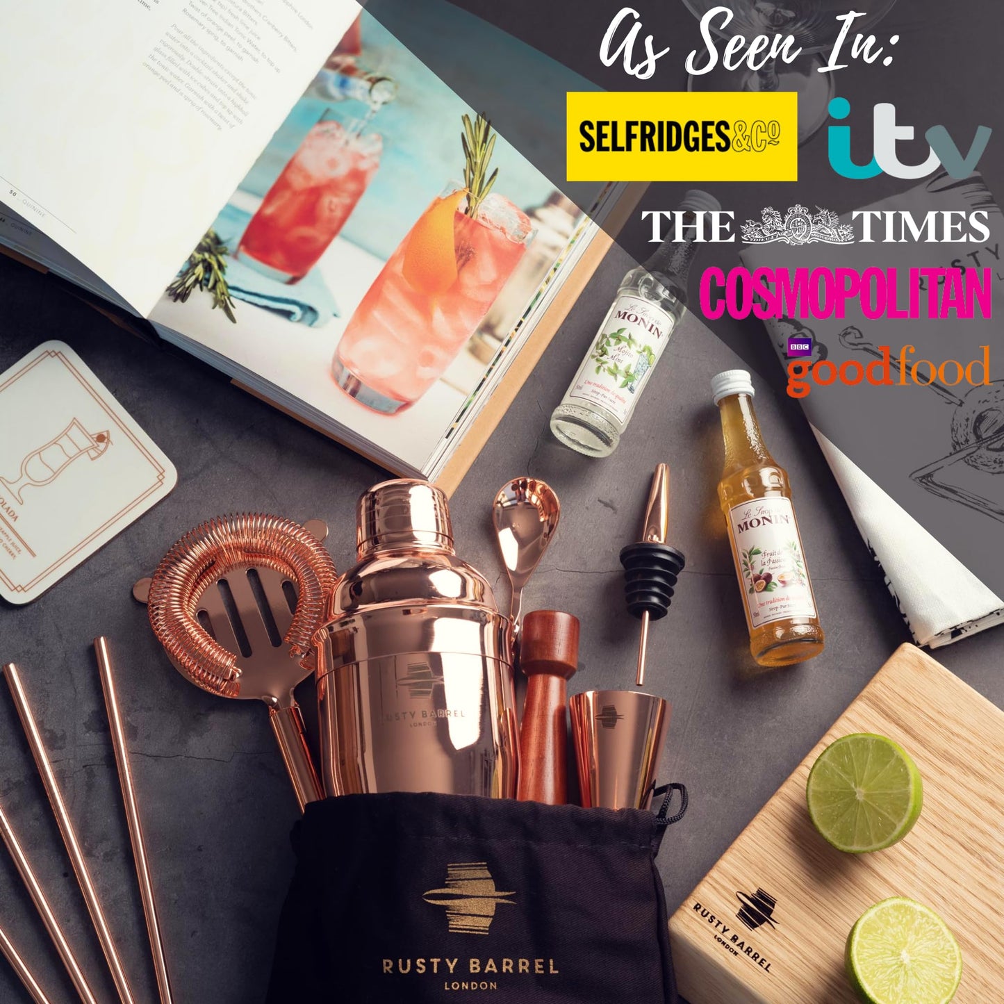 Rusty Barrel Cocktail Making Kit - Beautifully Presented Cocktail Shaker Set - Premium Cocktail Set with Cocktail Shaker and Bar Accessories for Home
