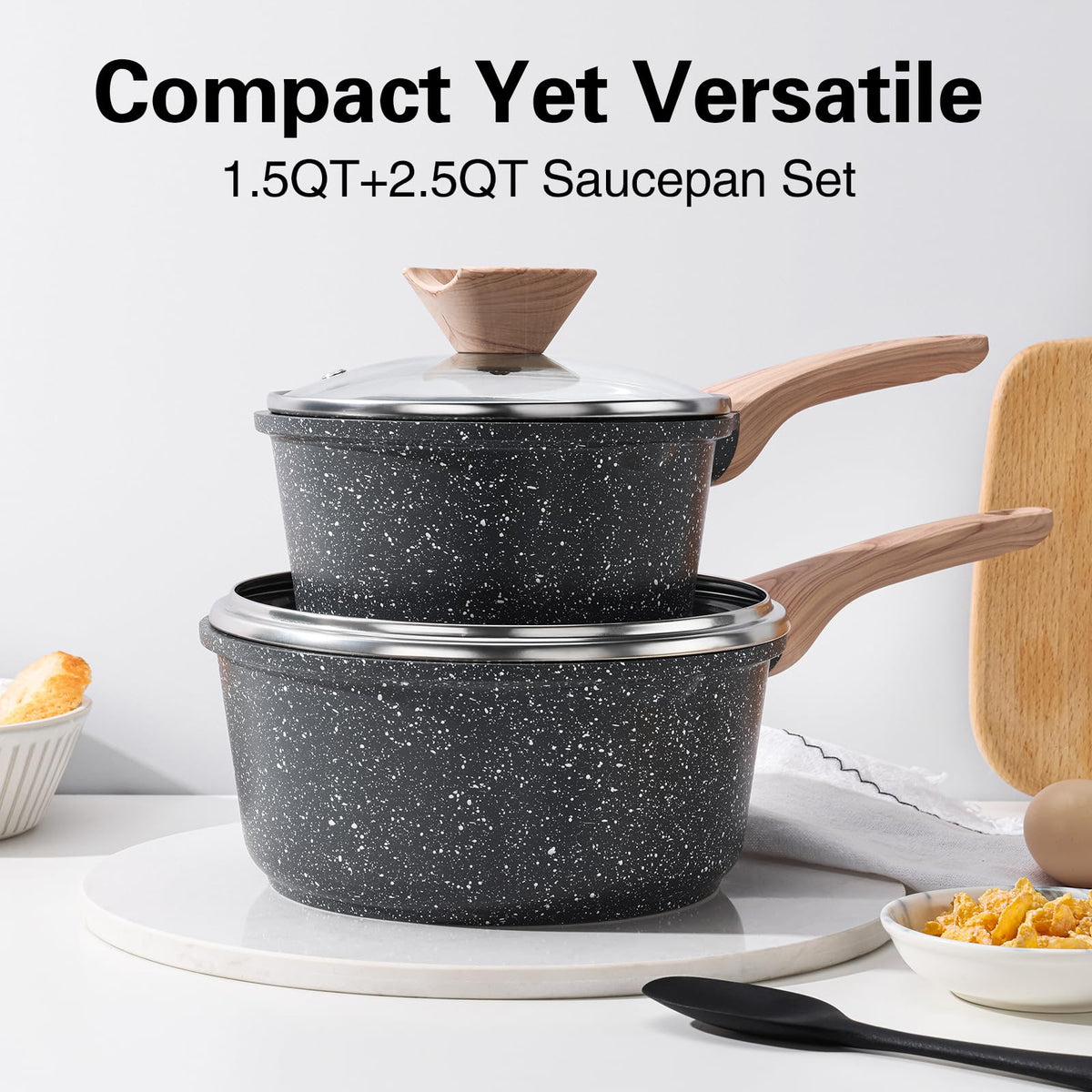 Kordisen Sauce Pan Set with Lid, 16cm+20cm Non Stick Small Pot with Granite Coating, 2-Piece Cookware Set, PFOA/PFOS Free