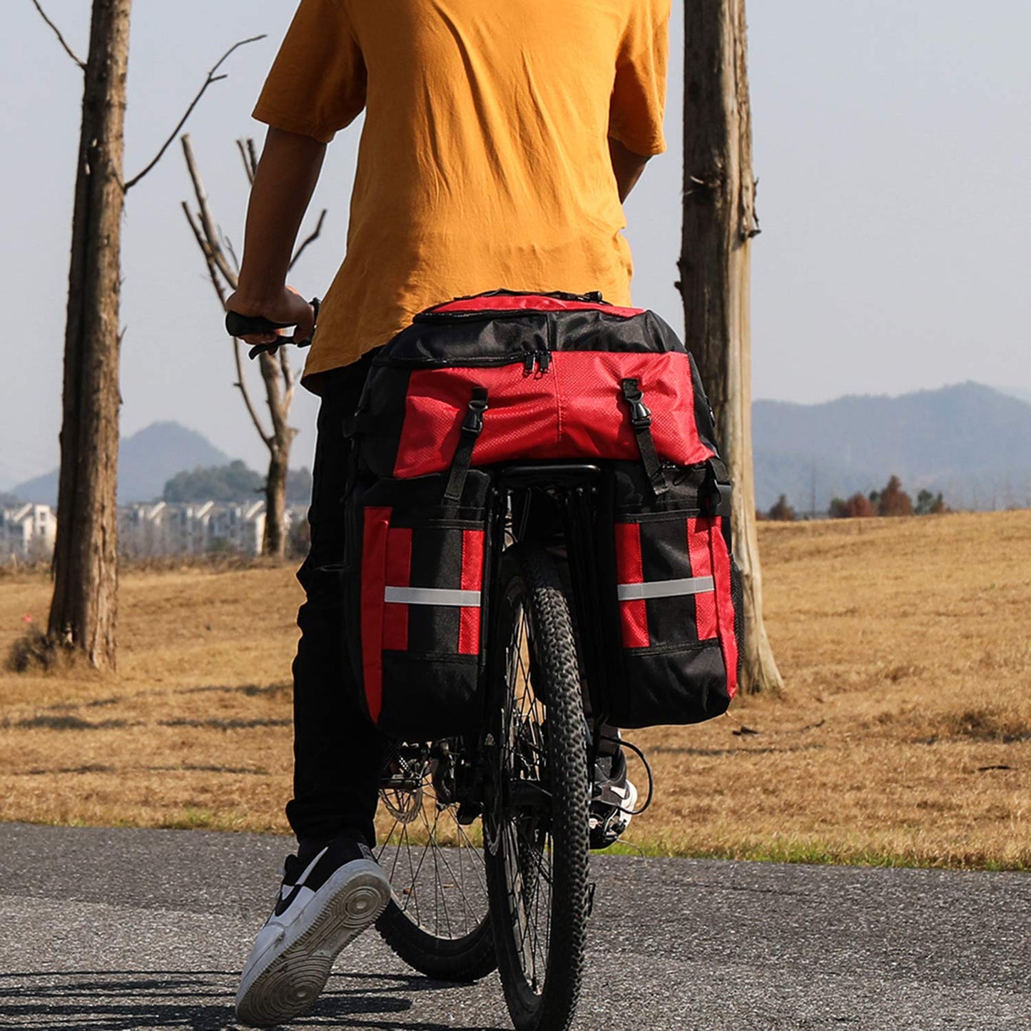 PELLOR 70L Waterproof 3 in 1 MTB Bike Rear Bicycle Pannier Bags Bike Rack Bag with Rain Cover (Red)