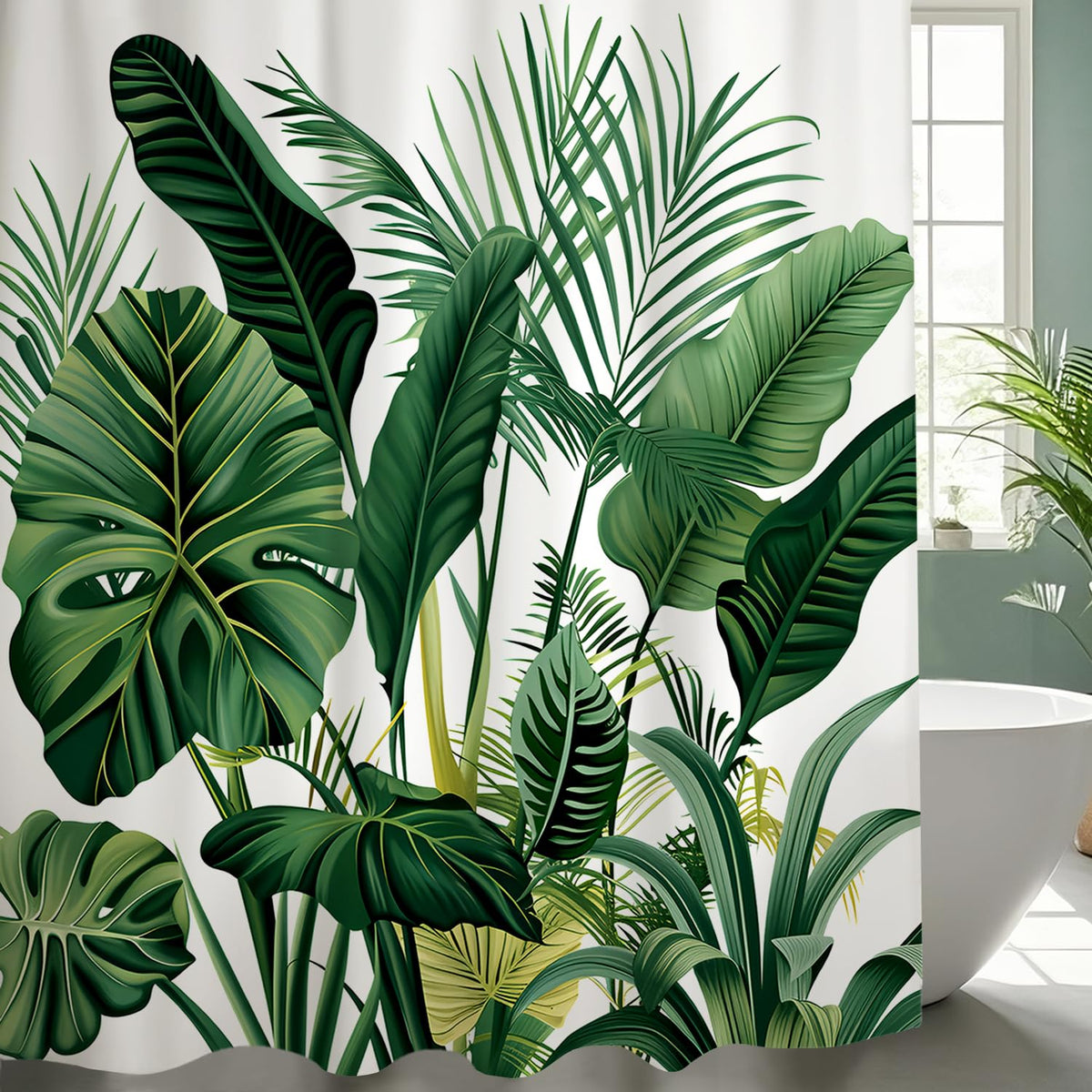 NEJLCTOROUS Shower Curtain Green,Tropical Leaves Bathroom Curtain 180 x 180 cm,Polyester Washable Fabric Leaf Plant Bath Curtain with 12 Hooks for Wet